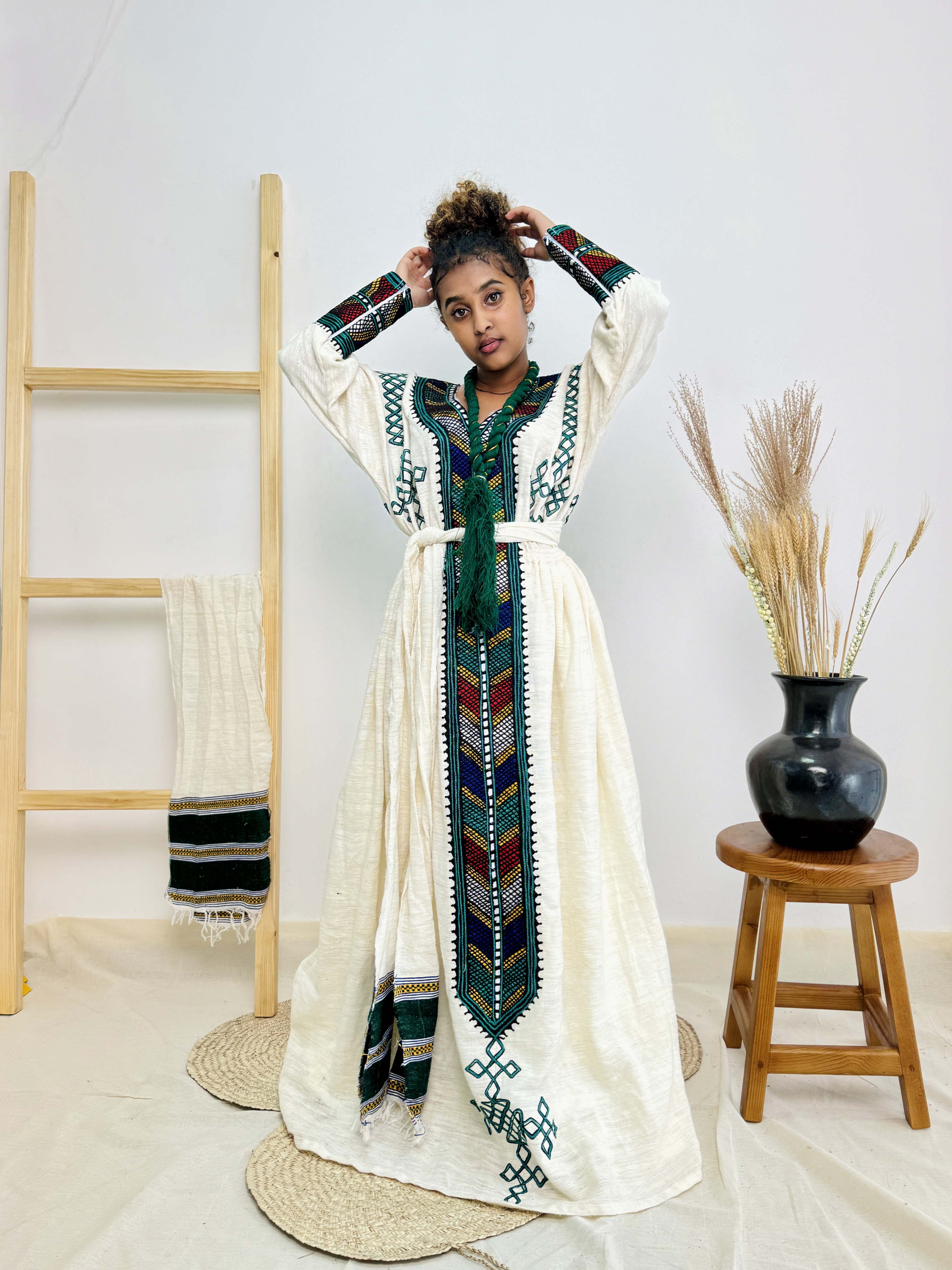 Habesha Dress | Timeless Green Design | Handcrafted Tradition | Ethiopian Cultural Dress Hab104
