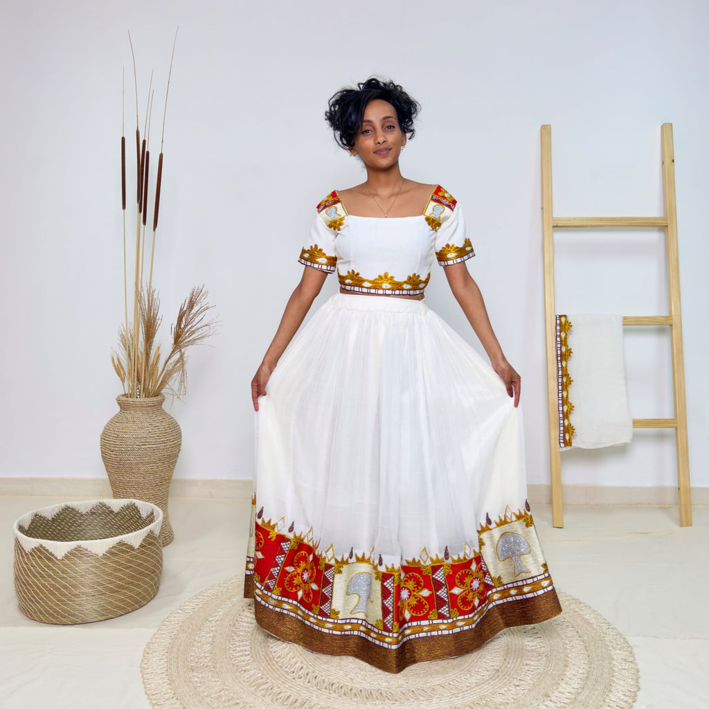 Bold & Colorful Ethiopian Dress | Modern Oromo Dress  Handwoven Habesha Kemis with Royal Red & Gold Tibeb Hab179