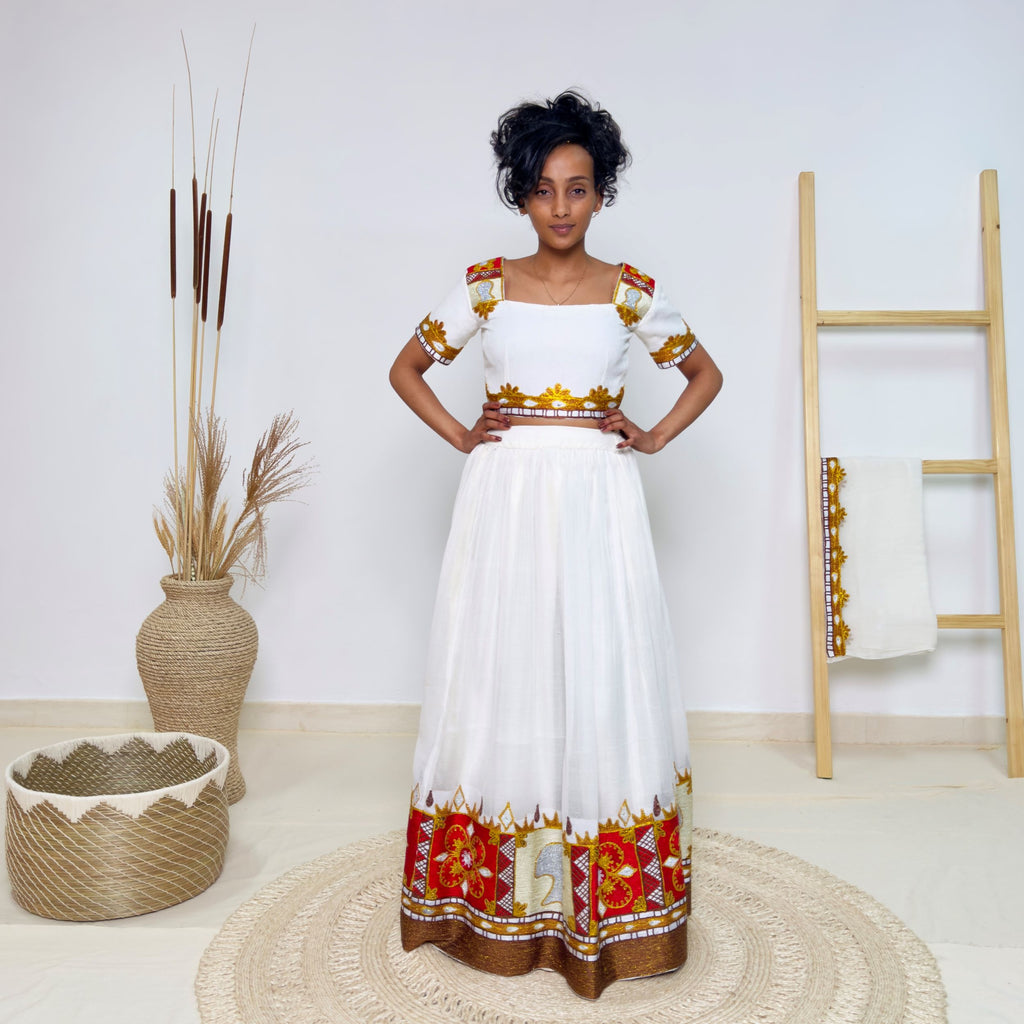 Bold & Colorful Ethiopian Dress | Modern Oromo Dress  Handwoven Habesha Kemis with Royal Red & Gold Tibeb Hab179