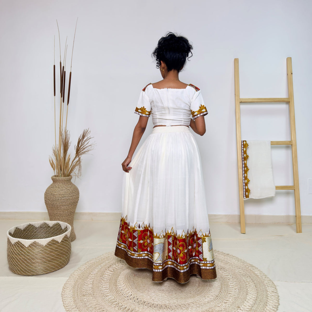 Bold & Colorful Ethiopian Dress | Modern Oromo Dress  Handwoven Habesha Kemis with Royal Red & Gold Tibeb Hab179