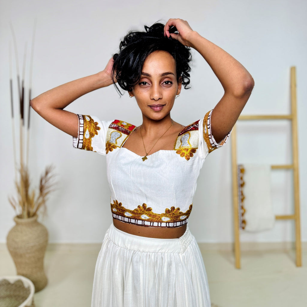 Bold & Colorful Ethiopian Dress | Modern Oromo Dress  Handwoven Habesha Kemis with Royal Red & Gold Tibeb Hab179