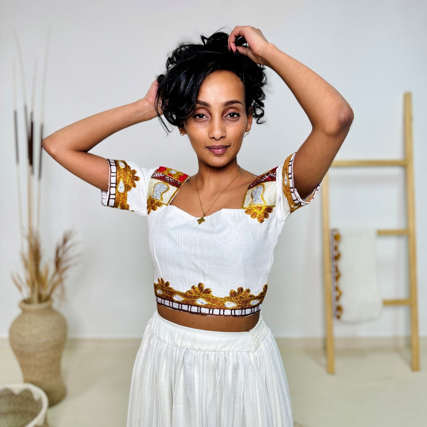 Bold & Colorful Ethiopian Dress | Modern Oromo Dress  Handwoven Habesha Kemis with Royal Red & Gold Tibeb Hab179