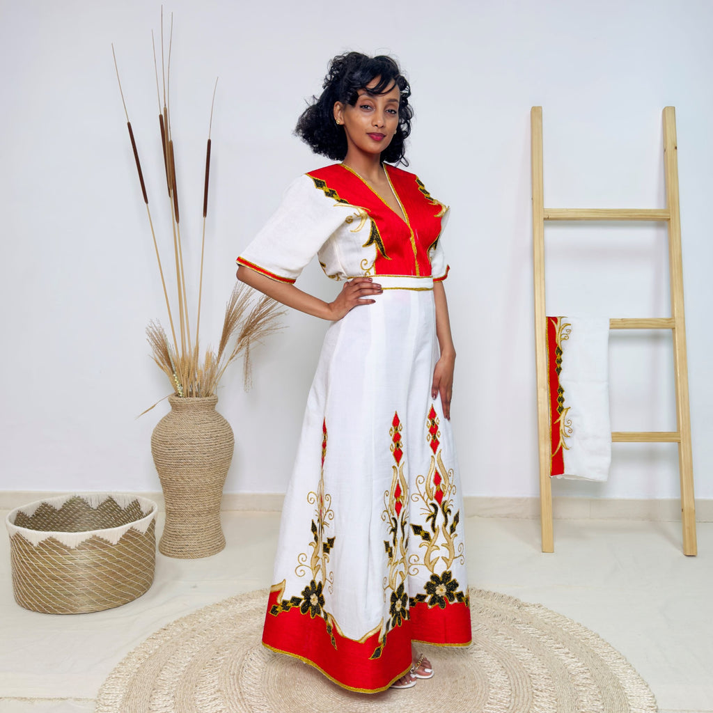 Red & Gold Habesha Dress | Modern Ethiopian Traditional Kemis Hab229