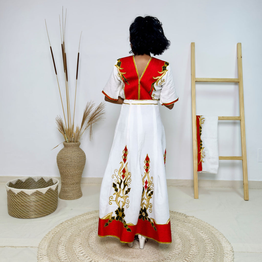 Red & Gold Habesha Dress | Modern Ethiopian Traditional Kemis Hab229