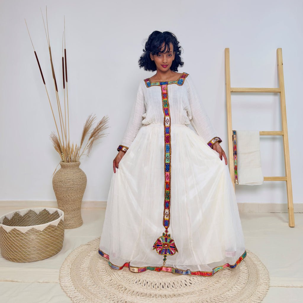 Elegant White & Rainbow Tibeb | Handmade Ethiopian Dress | Habesha Kemis | Handwoven Cotton | Traditional Ethiopian Cultural Dress | Hab156