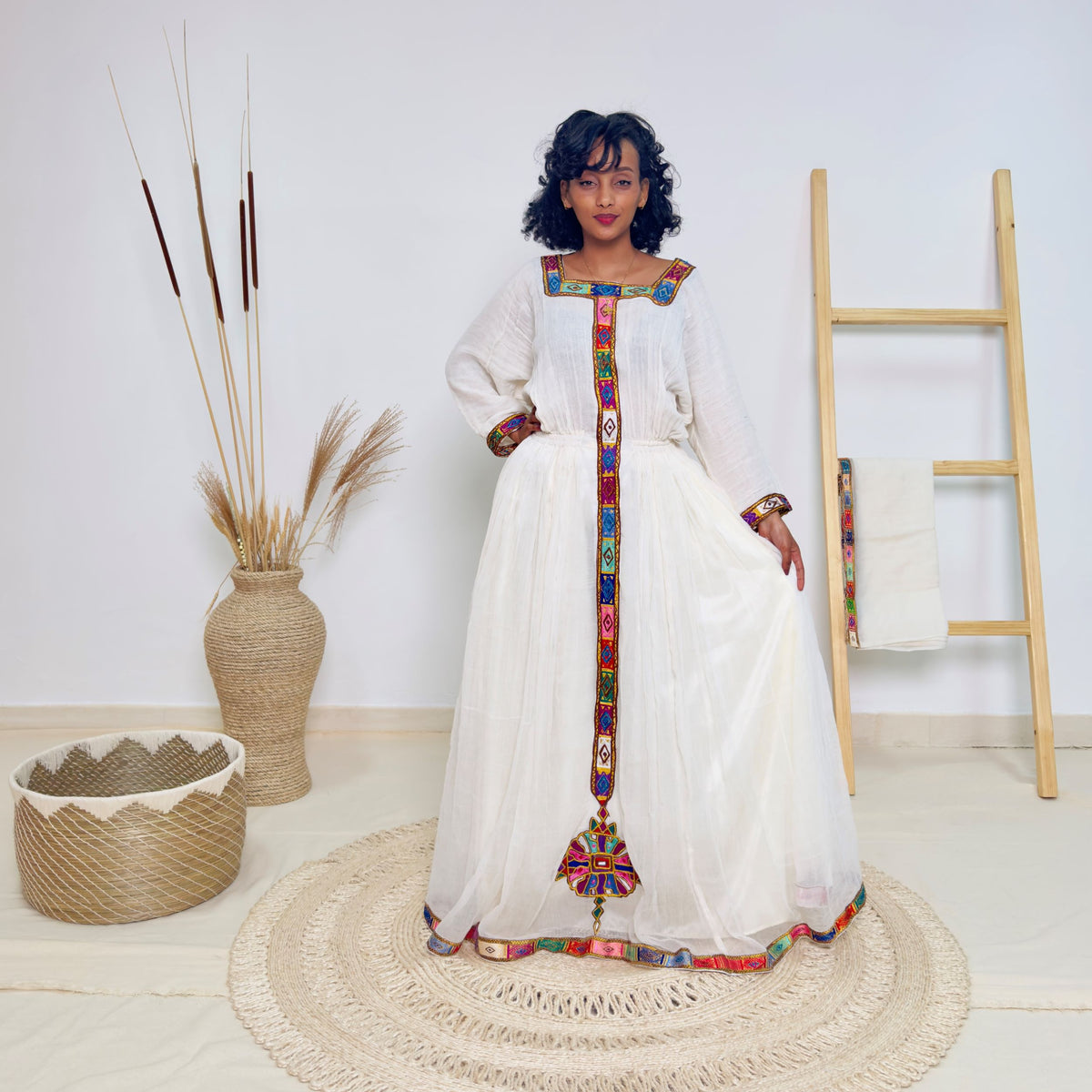 Elegant White & Rainbow Tibeb | Handmade Ethiopian Dress | Habesha Kemis | Handwoven Cotton | Traditional Ethiopian Cultural Dress | Hab156