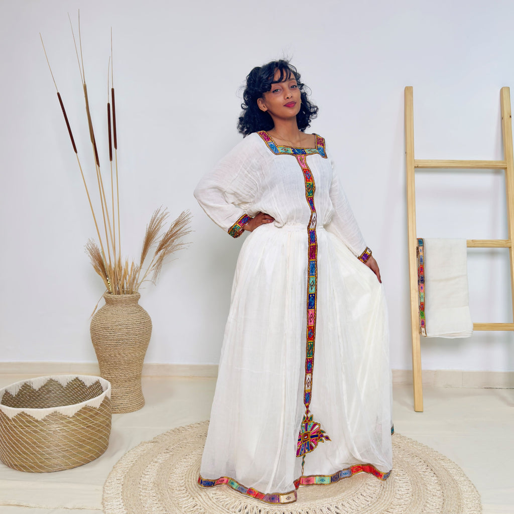 Elegant White & Rainbow Tibeb | Handmade Ethiopian Dress | Habesha Kemis | Handwoven Cotton | Traditional Ethiopian Cultural Dress | Hab156