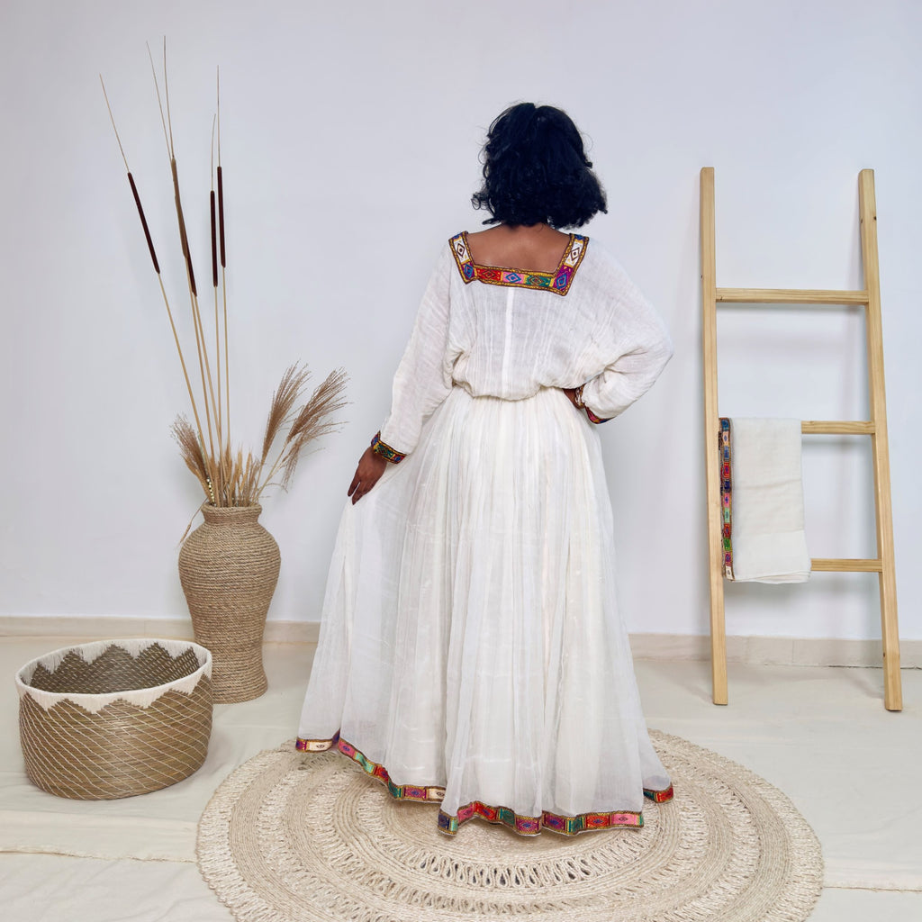 Elegant White & Rainbow Tibeb | Handmade Ethiopian Dress | Habesha Kemis | Handwoven Cotton | Traditional Ethiopian Cultural Dress | Hab156
