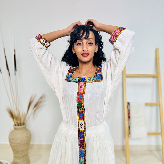 Elegant White & Rainbow Tibeb | Handmade Ethiopian Dress | Habesha Kemis | Handwoven Cotton | Traditional Ethiopian Cultural Dress | Hab156