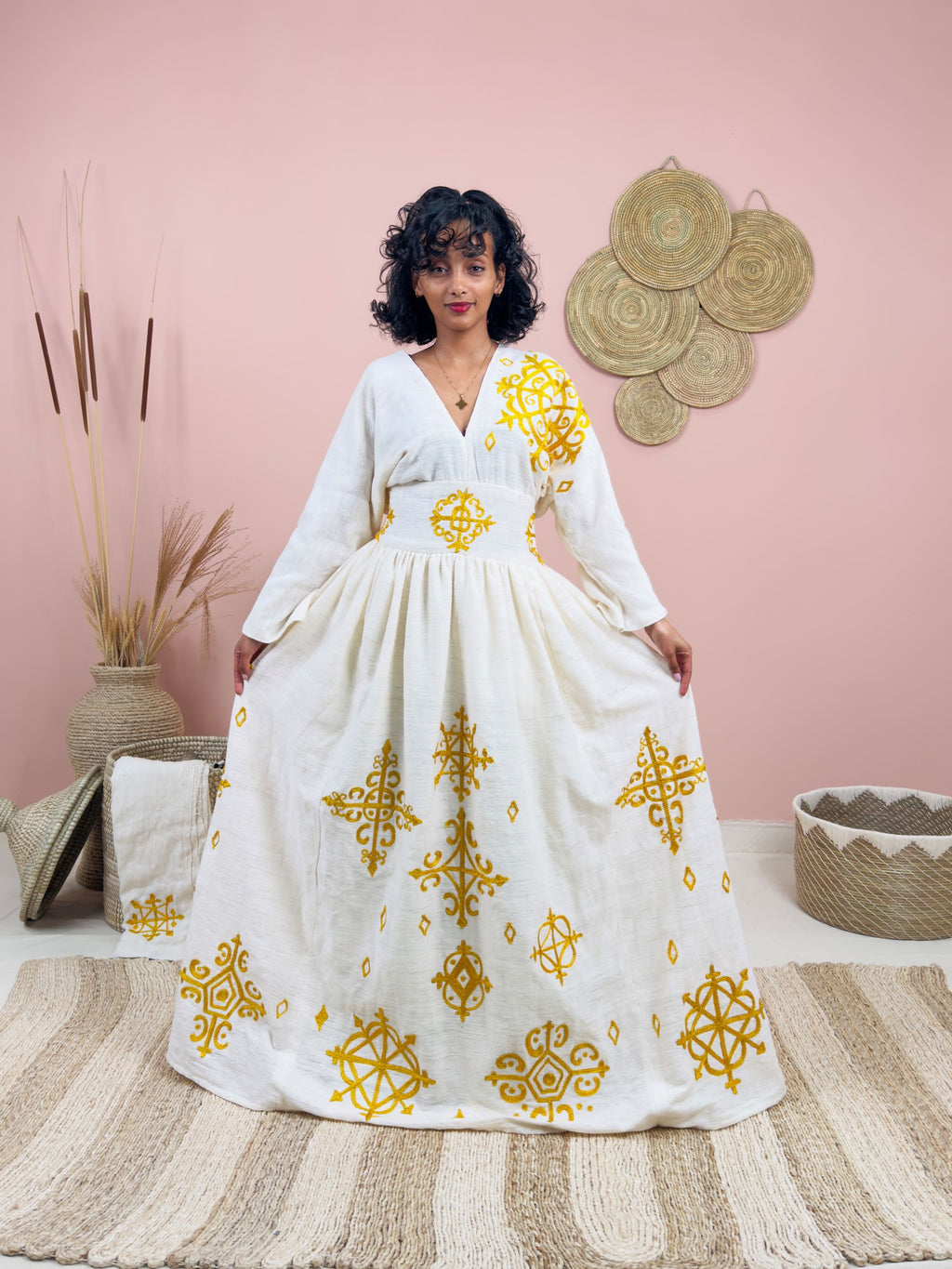 Simple Gold Accent V-Neck Habesha Dress | Minimalist Ethiopian Kemis Hab228