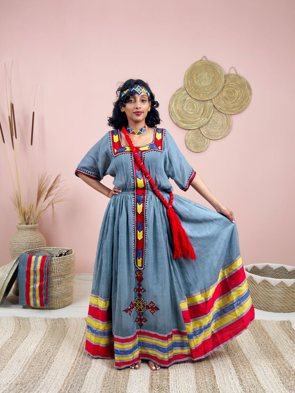 Handwoven Ethiopian Dress | Gray Habesha Kemis with Bold Red & Gold Tibeb | Cultural Elegance Hab148