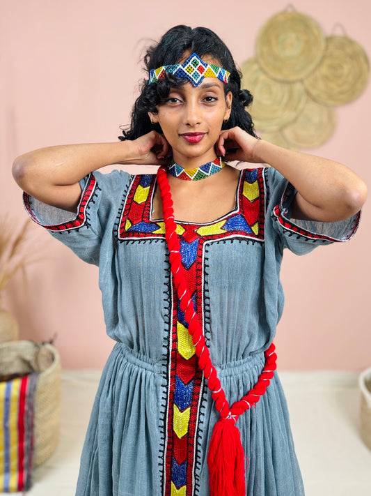 Handwoven Ethiopian Dress | Gray Habesha Kemis with Bold Red & Gold Tibeb 