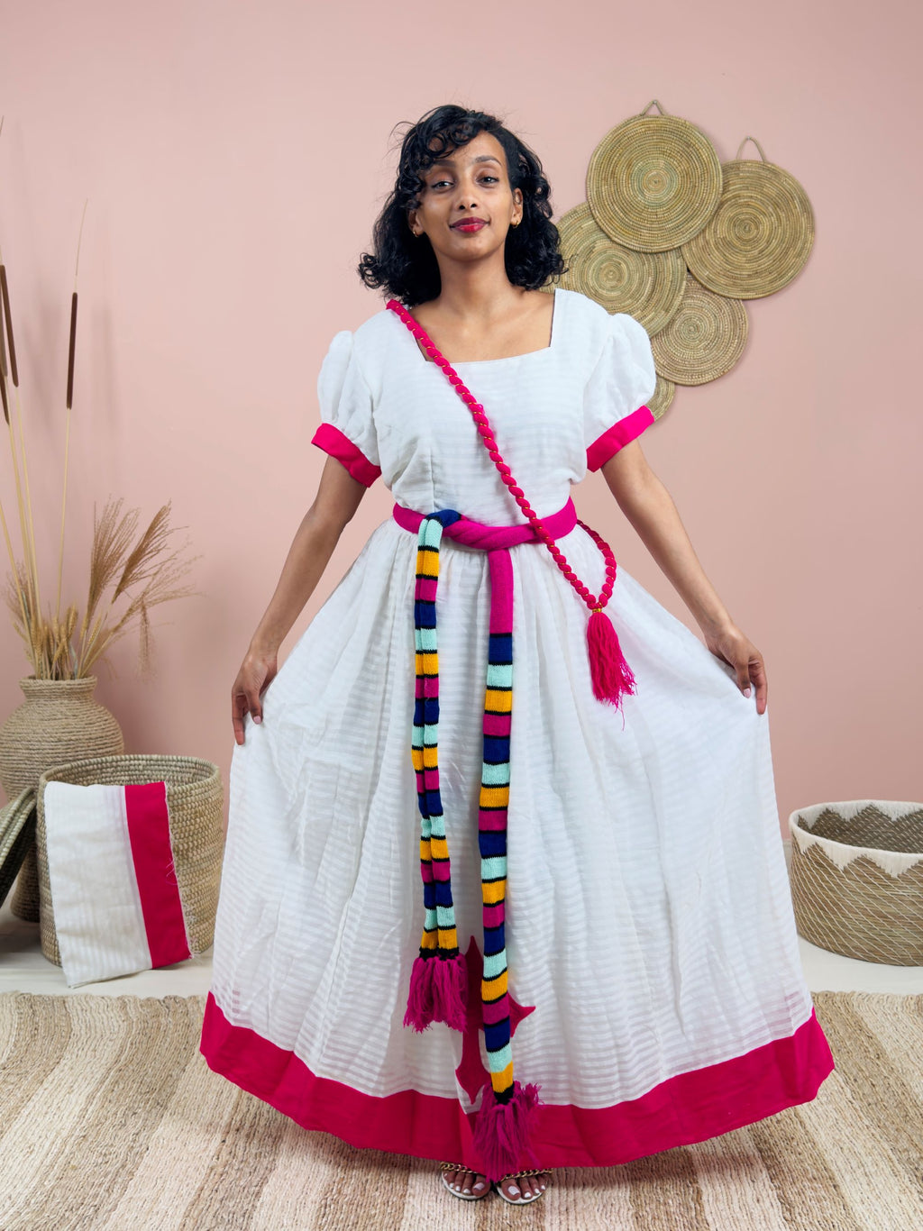 Gorgeous Handwoven White Dress | Vibrant Pink Accents & Colorful Shemma Belt | Traditional Habesha Kemis (Copy)