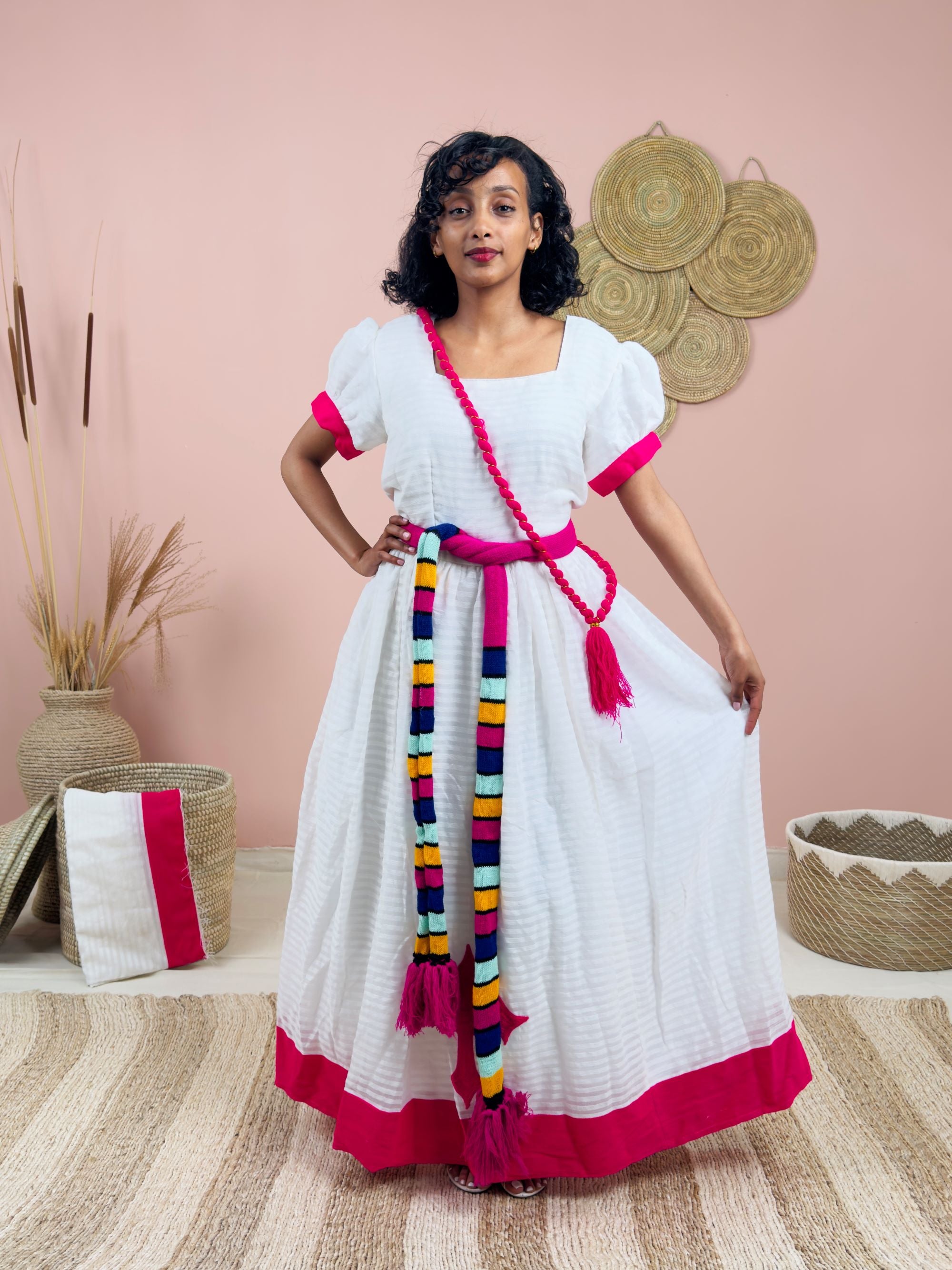 Gorgeous Handwoven White Dress | Vibrant Pink Accents & Colorful Shemma Belt | Traditional Habesha Kemis (Copy)
