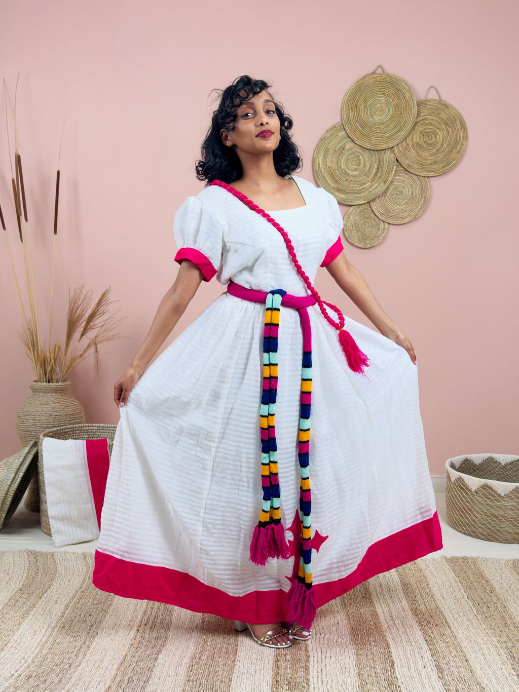 Gorgeous Handwoven White Dress | Vibrant Pink Accents & Colorful Shemma Belt | Traditional Habesha Kemis (Copy)