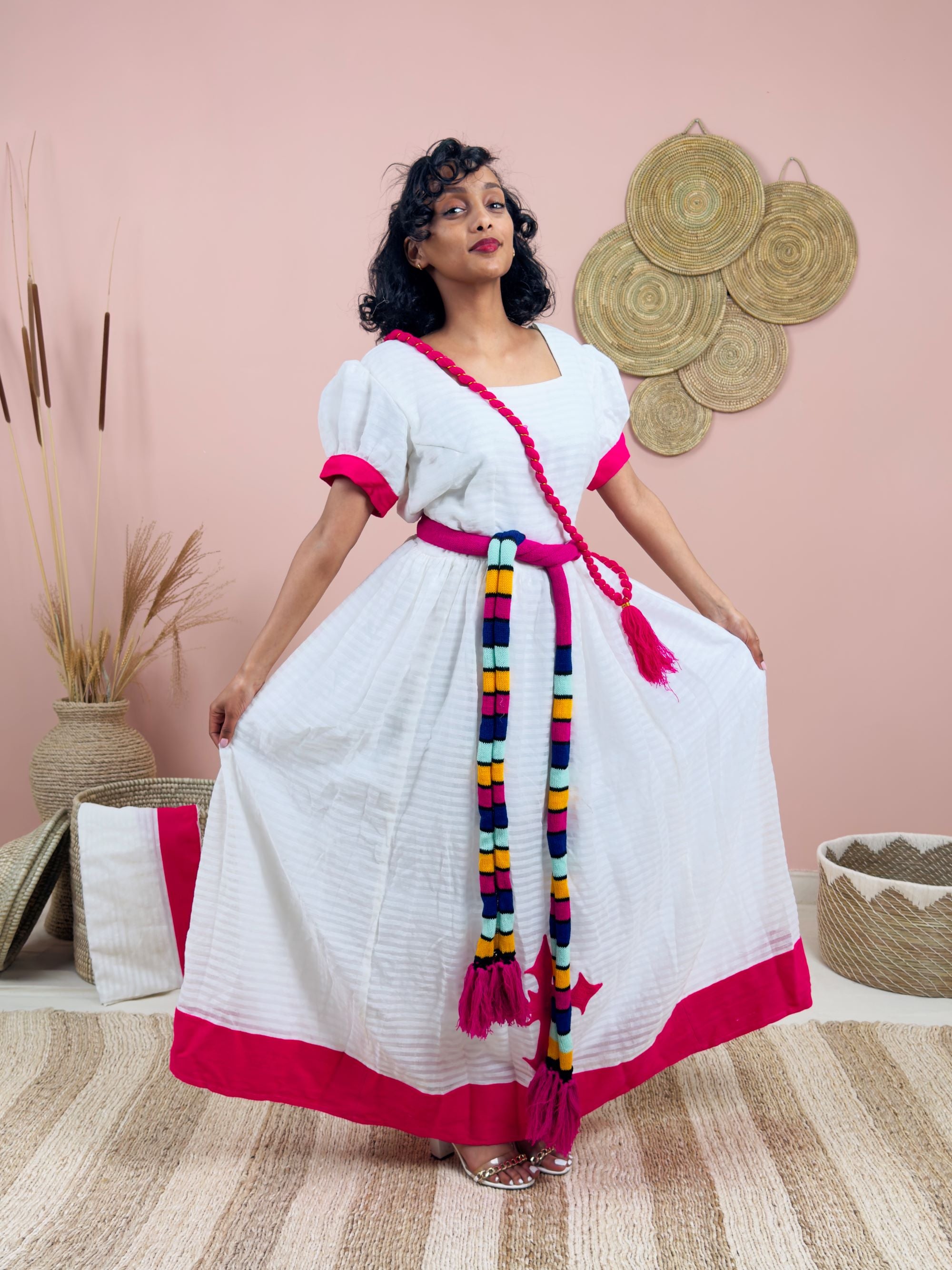 Gorgeous Handwoven White Dress | Vibrant Pink Accents & Colorful Shemma Belt | Traditional Habesha Kemis (Copy)