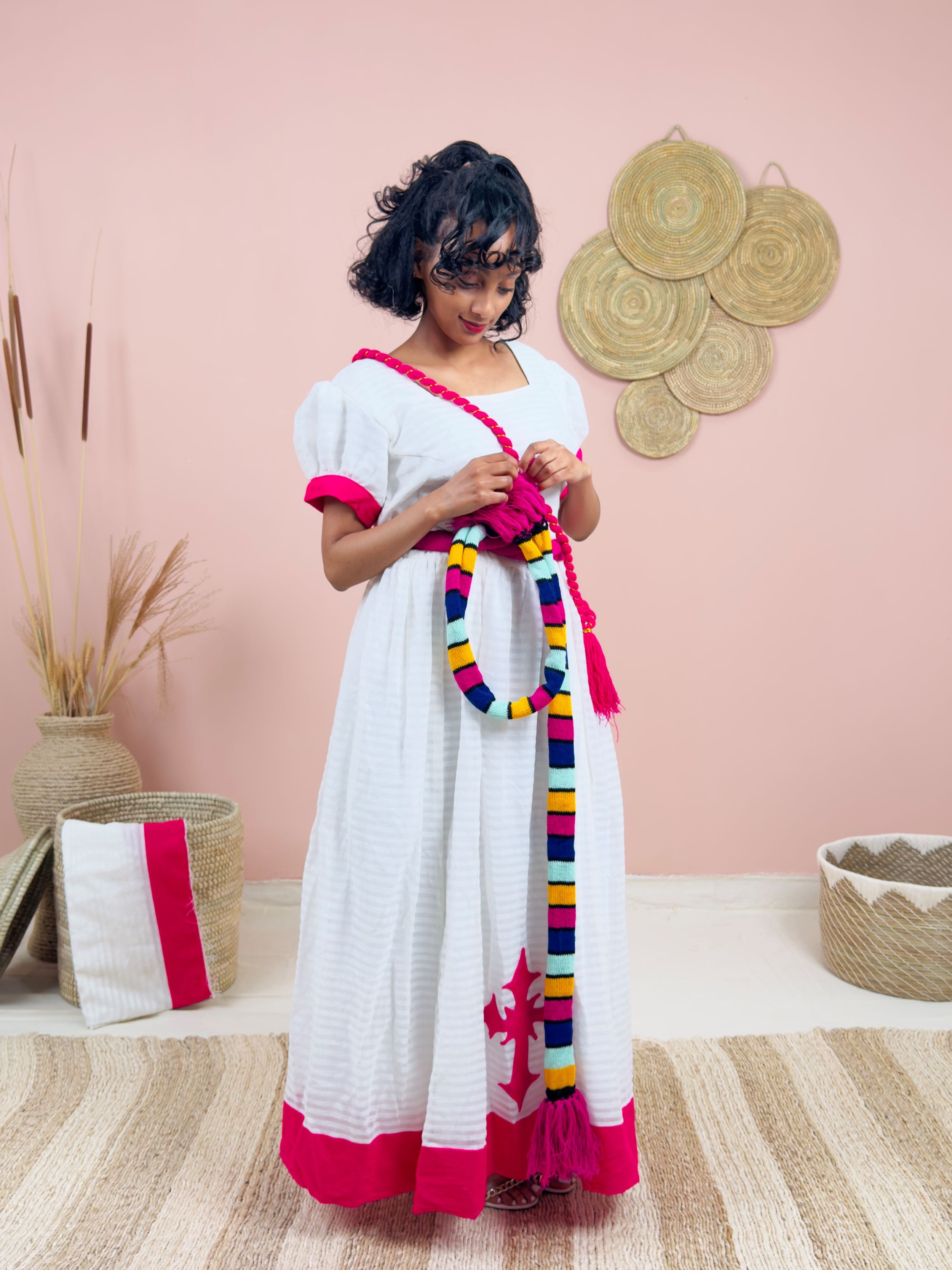 Gorgeous Handwoven White Dress | Vibrant Pink Accents & Colorful Shemma Belt | Traditional Habesha Kemis (Copy)