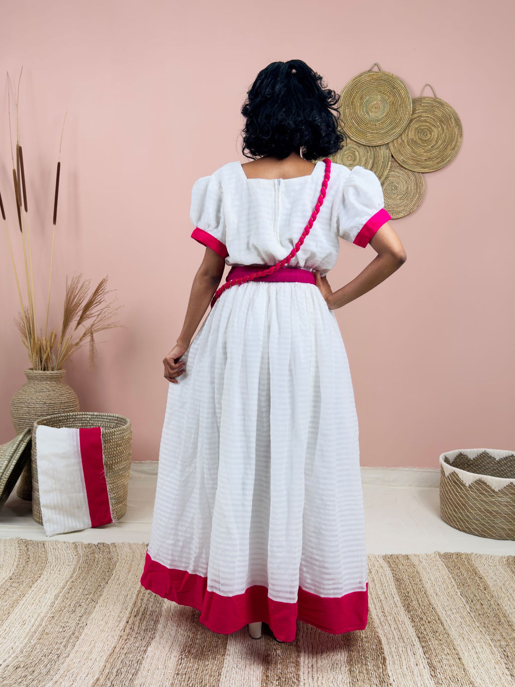 Gorgeous Handwoven White Dress | Vibrant Pink Accents & Colorful Shemma Belt | Traditional Habesha Kemis (Copy)