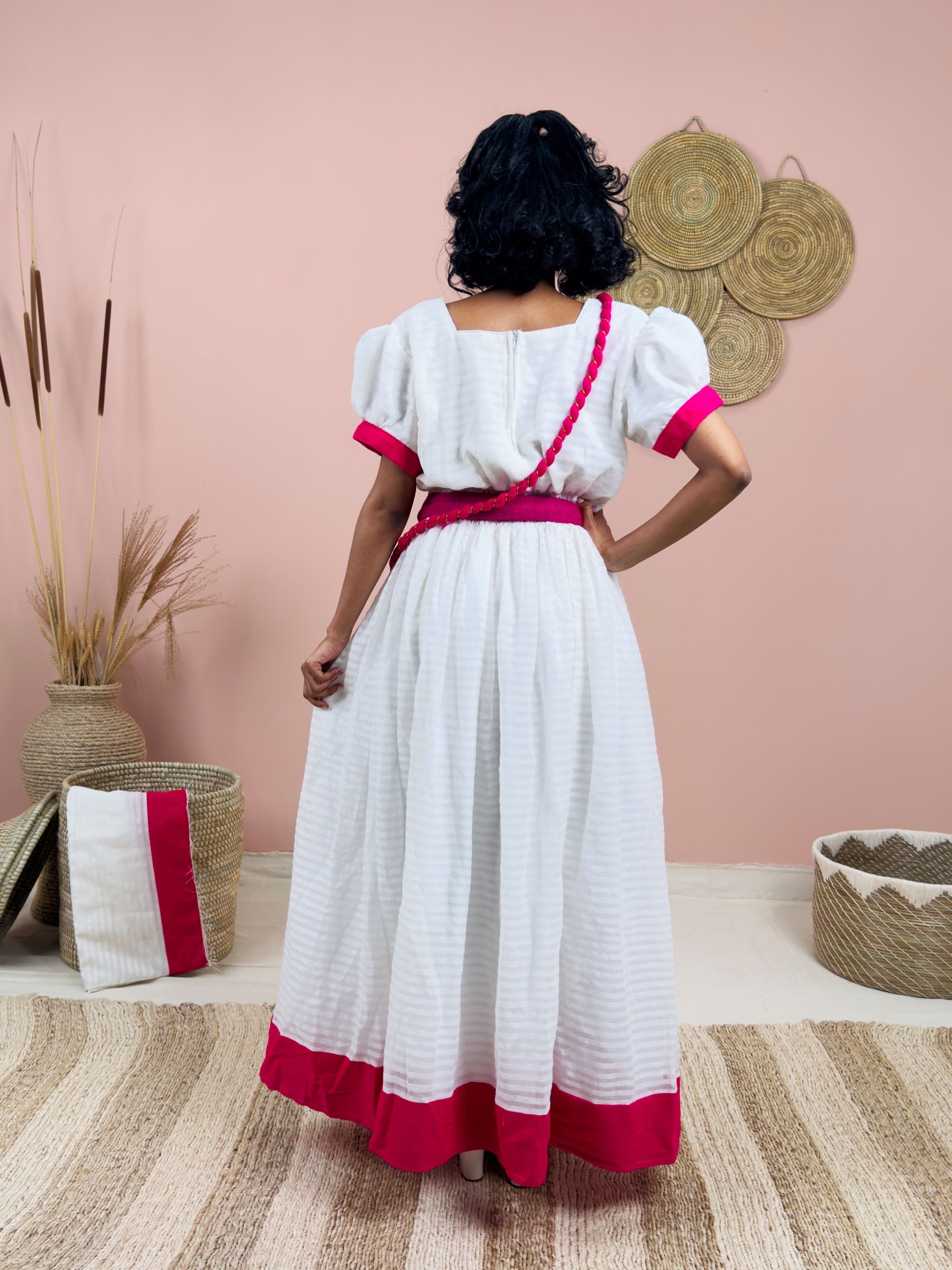 Gorgeous Handwoven White Dress | Vibrant Pink Accents & Colorful Shemma Belt | Traditional Habesha Kemis (Copy)