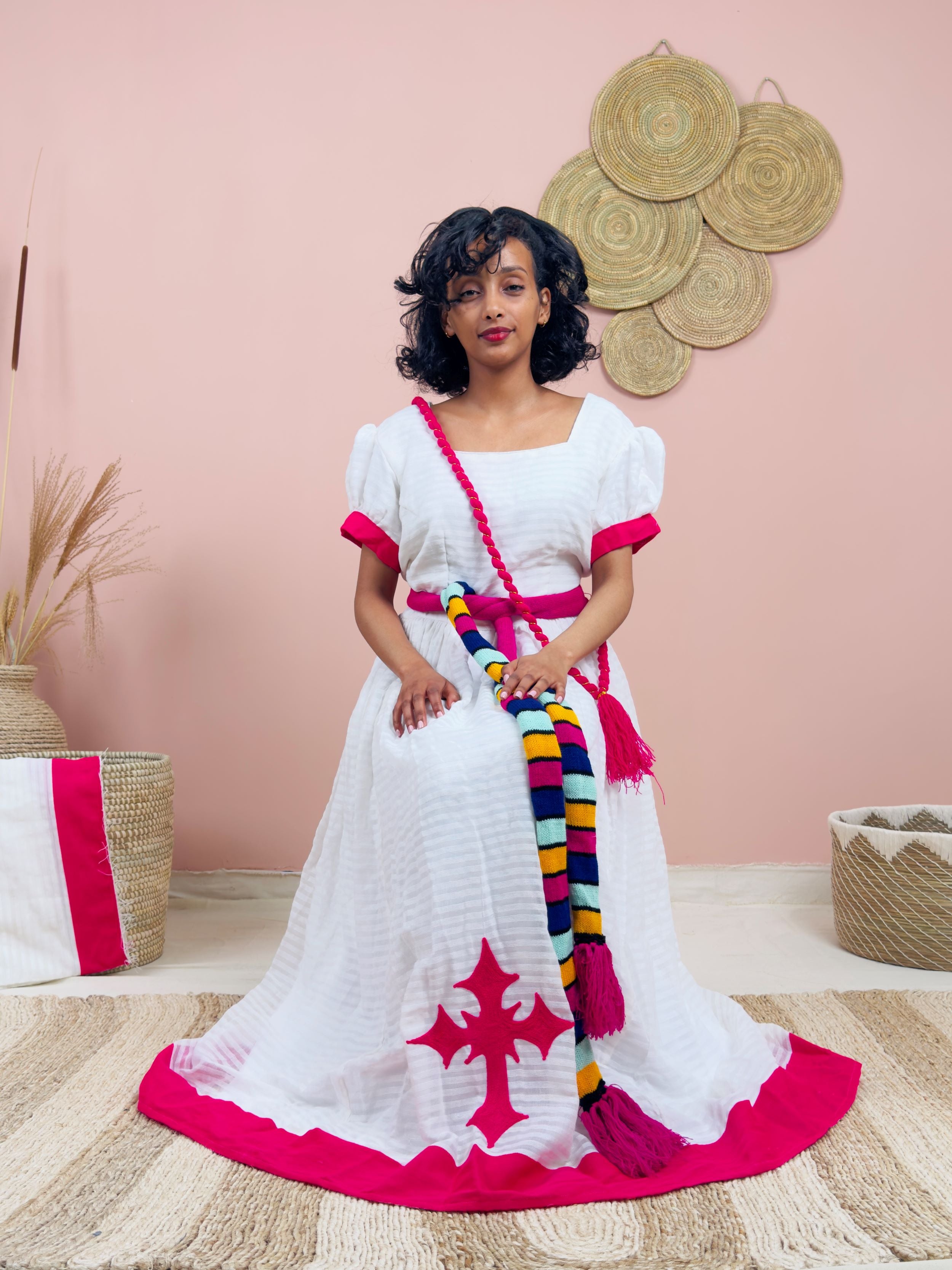 Gorgeous Handwoven White Dress | Vibrant Pink Accents & Colorful Shemma Belt | Traditional Habesha Kemis (Copy)