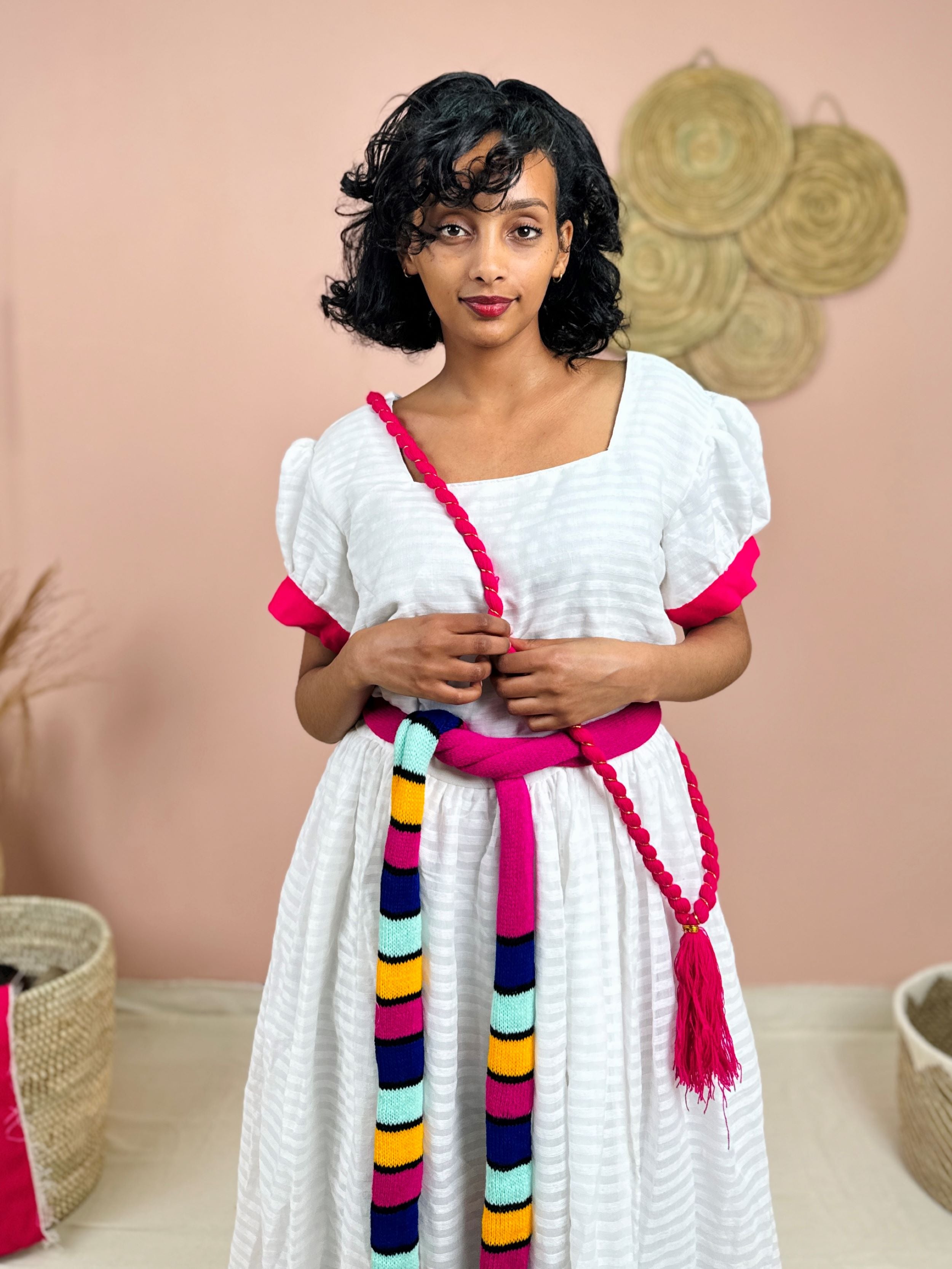 Gorgeous Handwoven White Dress | Vibrant Pink Accents & Colorful Shemma Belt | Traditional Habesha Kemis (Copy)