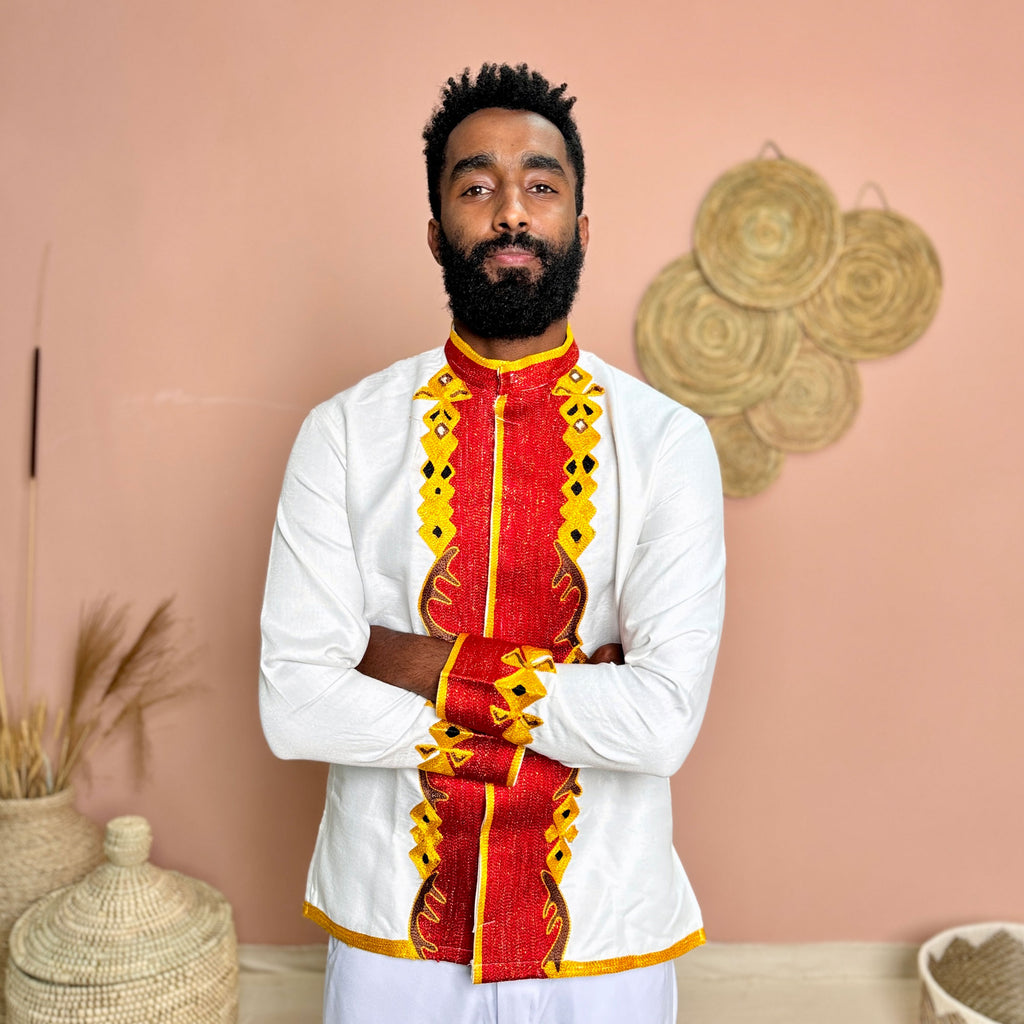 Men’s Habesha Shirt | Red & Gold Embroidery Shirt | Weddings & Cultural Shirt | Handmade Habesha Shirt Hab71