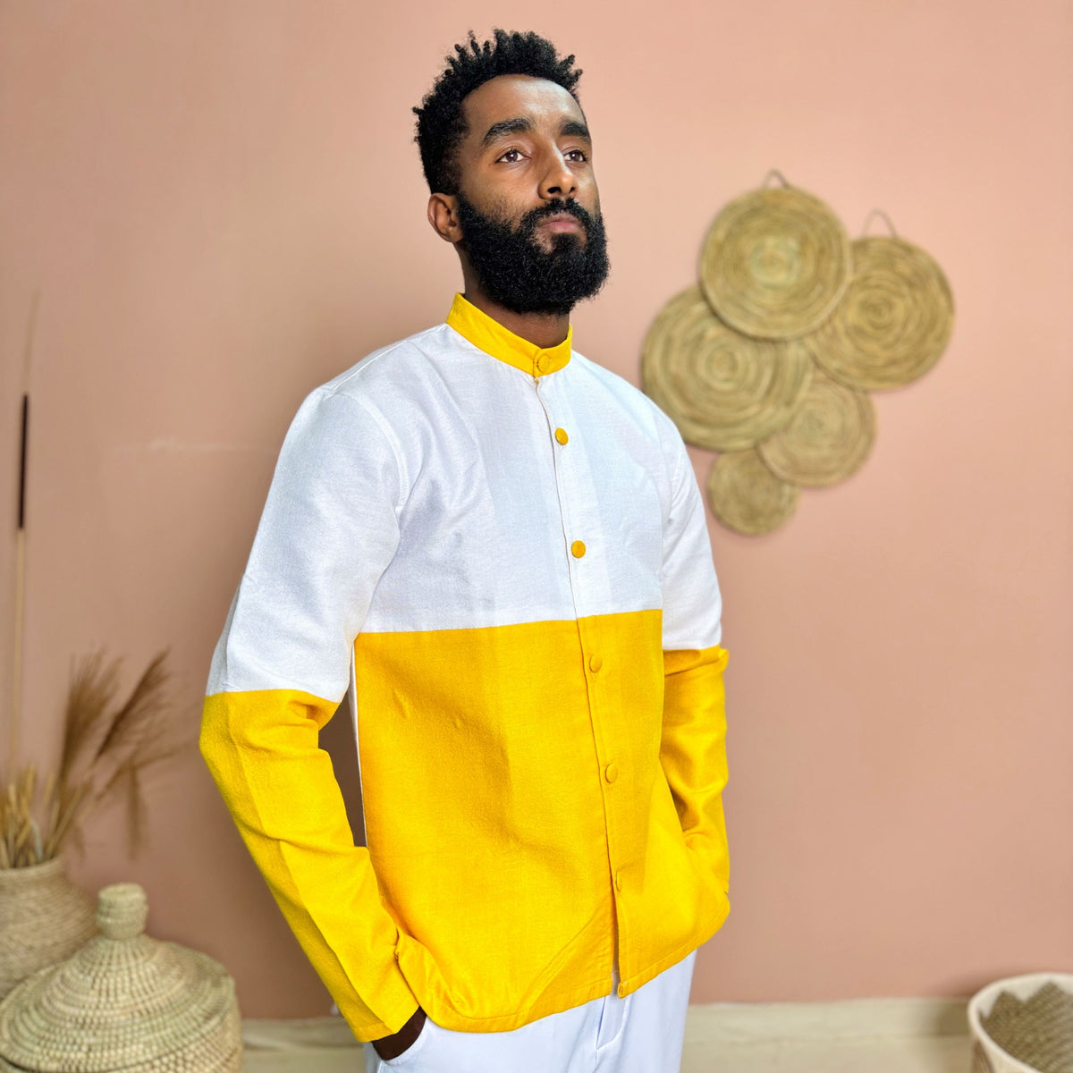 Bold, Modern & Unapologetically Ethiopian | Habesha Men’s Shirt | Handcrafted Color-Block Top in Yellow and White | Hab162