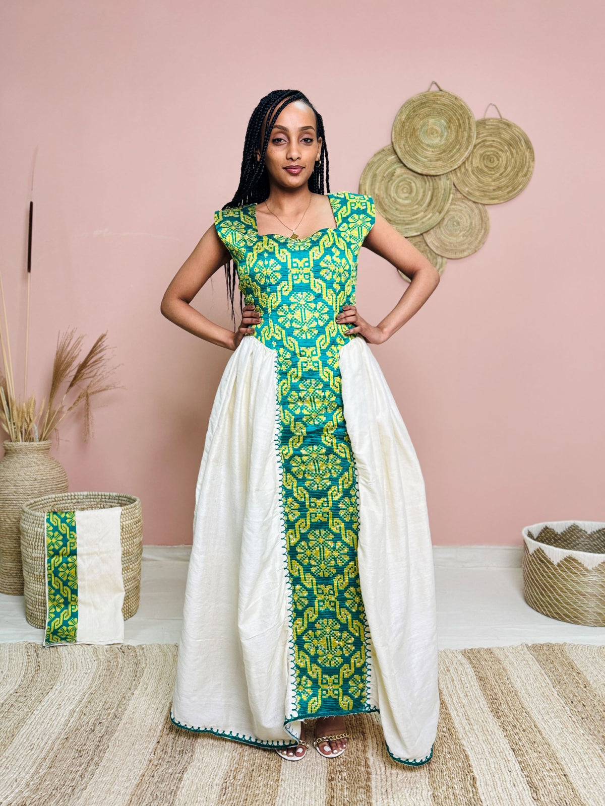 Green & Yellow Sleeveless Traditional Dress | Handwoven Ethiopian Habesha Kemis | Cultural Celebration Outfit | Artisan-Made Heritage Wear Hab173