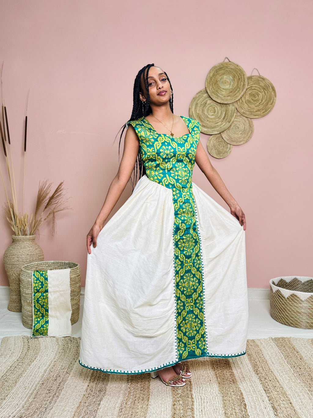 Green & Yellow Sleeveless Traditional Dress | Handwoven Ethiopian Habesha Kemis | Cultural Celebration Outfit | Artisan-Made Heritage Wear Hab173
