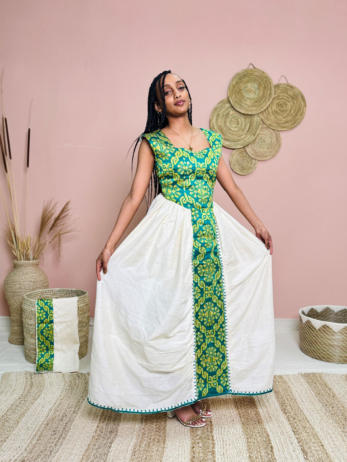 Green & Yellow Sleeveless Traditional Dress | Handwoven Ethiopian Habesha Kemis | Cultural Celebration Outfit | Artisan-Made Heritage Wear Hab173