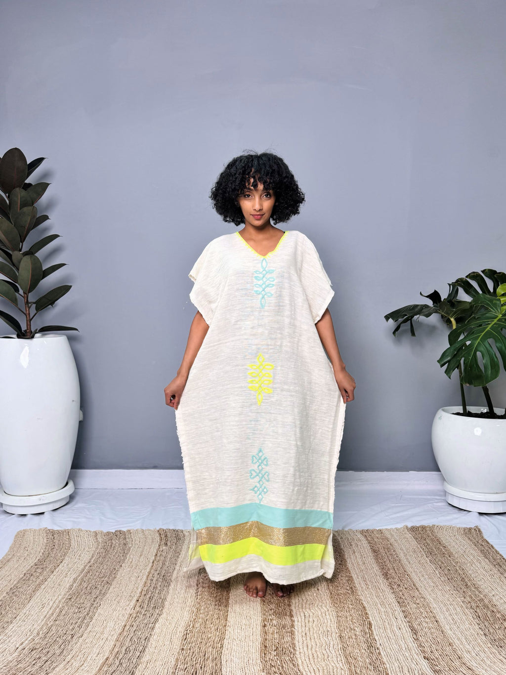Coffee Dress | Elegant Half-Sleeve Design | Cultural Celebrations & Special Occasions | Lemon Green with Intricate Details| Ethiopian Dress Hab125