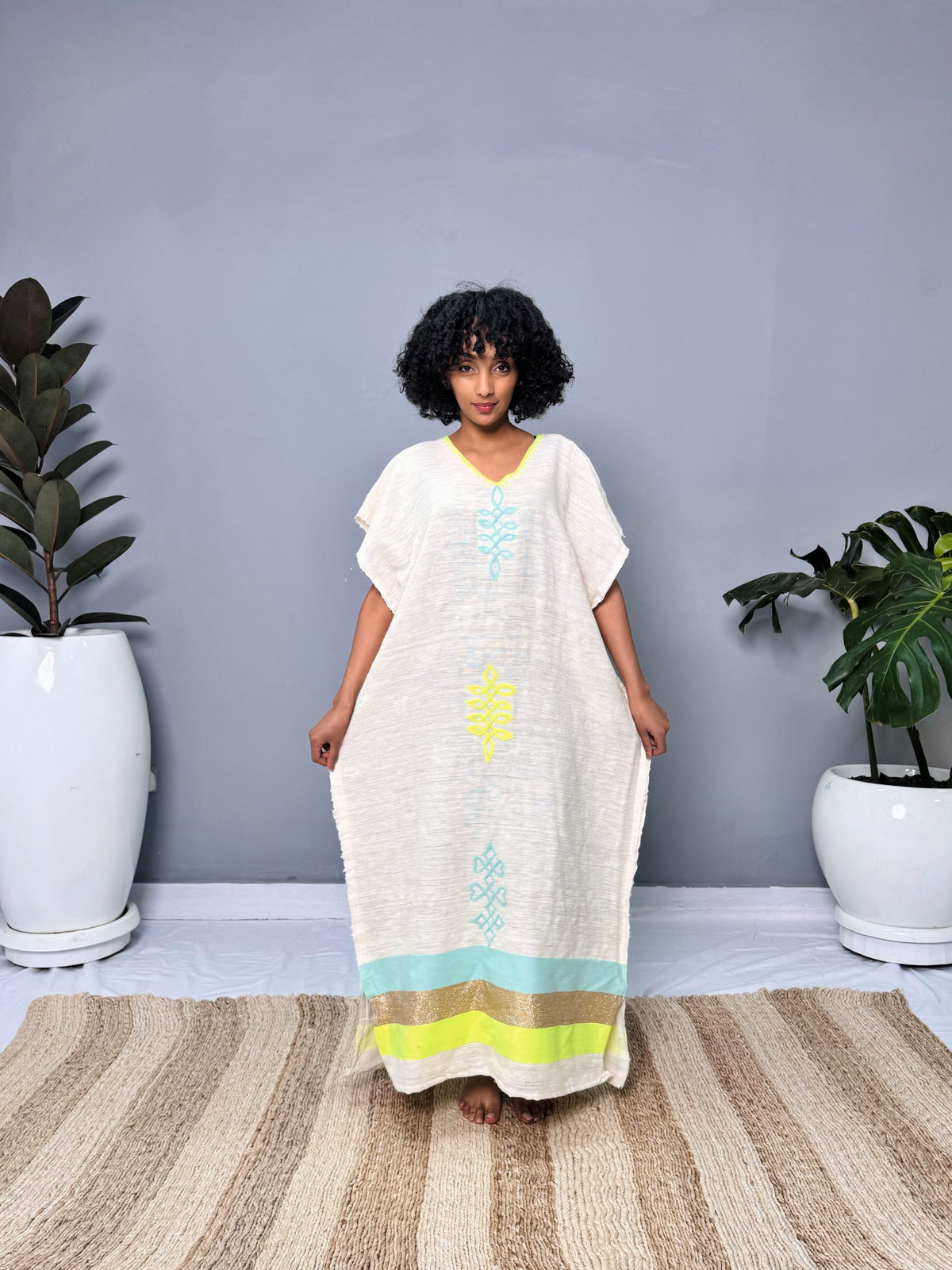 Coffee Dress | Elegant Half-Sleeve Design | Cultural Celebrations & Special Occasions | Lemon Green with Intricate Details| Ethiopian Dress Hab125