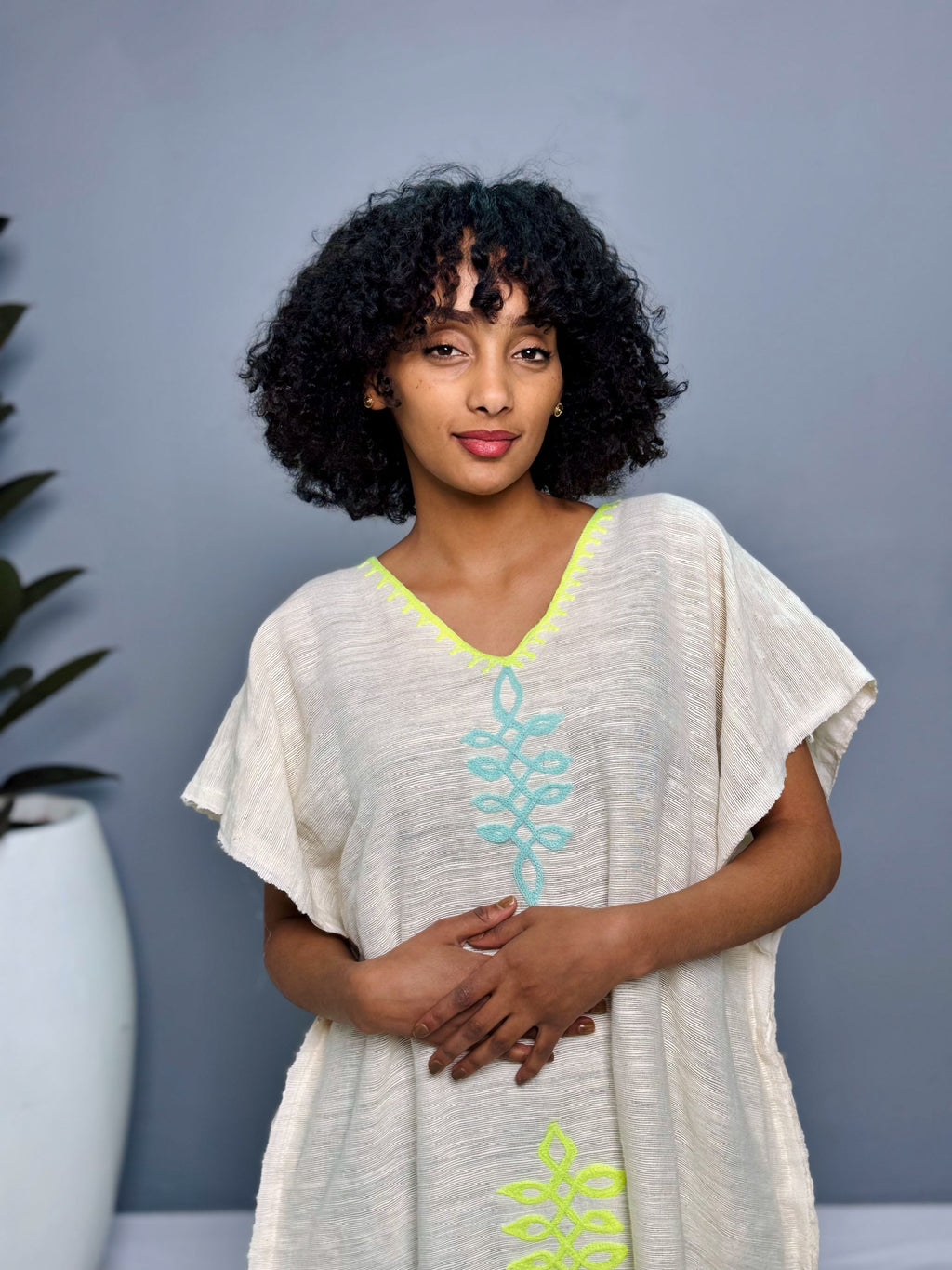 Coffee Dress | Elegant Half-Sleeve Design | Cultural Celebrations & Special Occasions | Lemon Green with Intricate Details| Ethiopian Dress Hab125