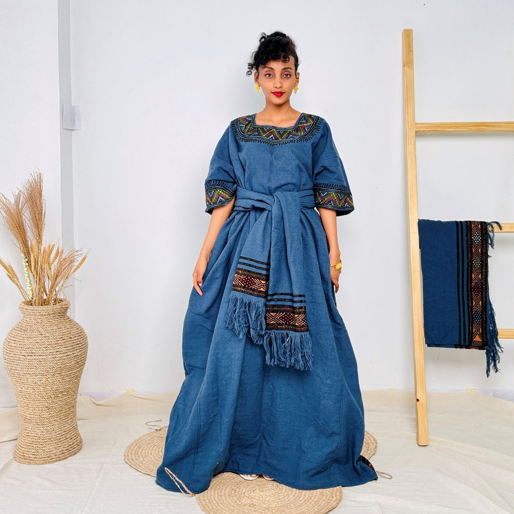 Handmade Ethiopian Habesha Dress | Deep Blue with Tibeb Accents & Matching Shawl | Cultural African Dress for Women Hab161
