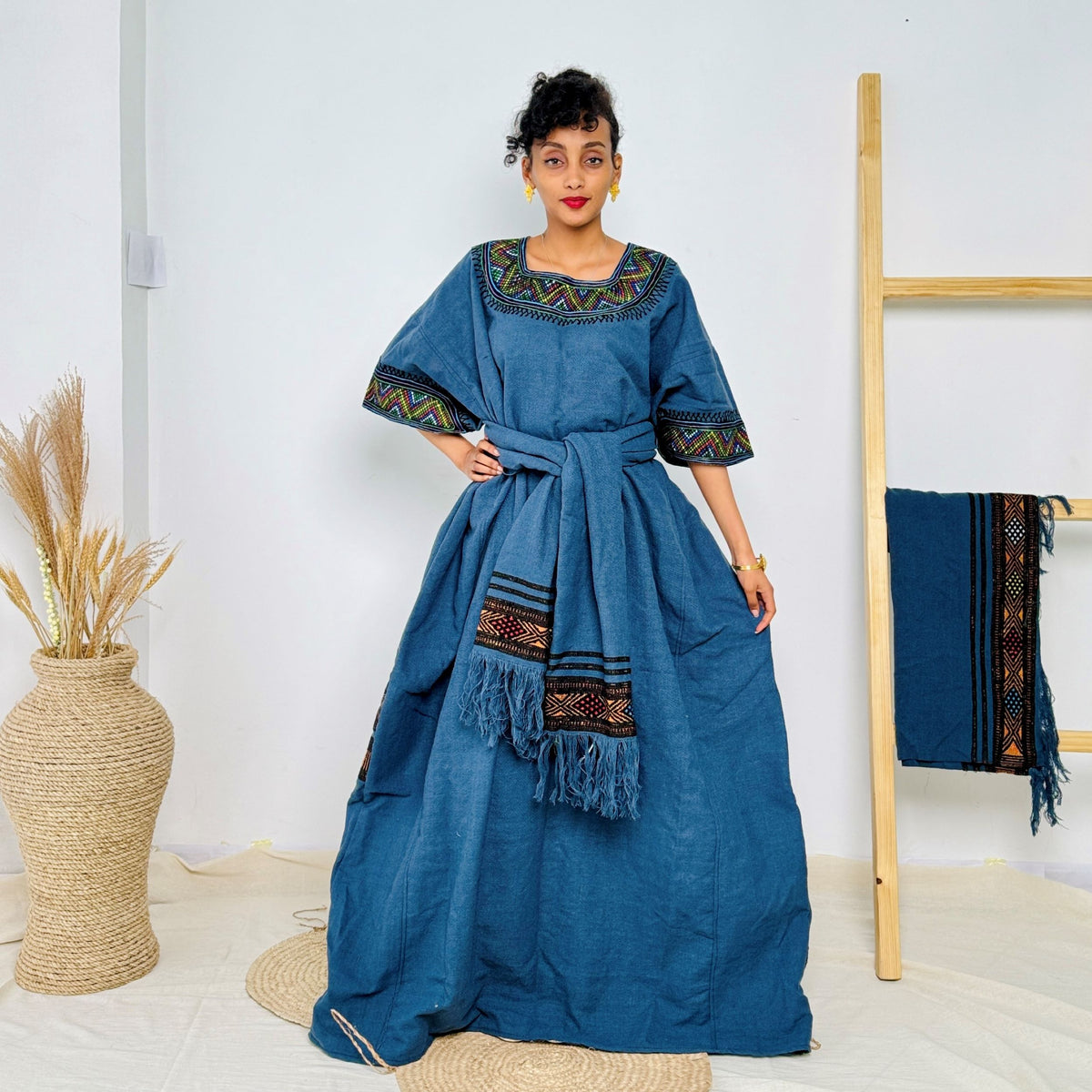 Handmade Ethiopian Habesha Dress | Deep Blue with Tibeb Accents & Matching Shawl | Cultural African Dress for Women Hab161