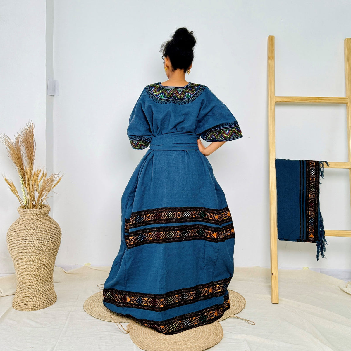 Handmade Ethiopian Habesha Dress | Deep Blue with Tibeb Accents & Matching Shawl | Cultural African Dress for Women Hab161