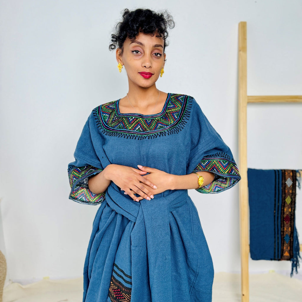 Handmade Ethiopian Habesha Dress | Deep Blue with Tibeb Accents & Matching Shawl | Cultural African Dress for Women Hab161