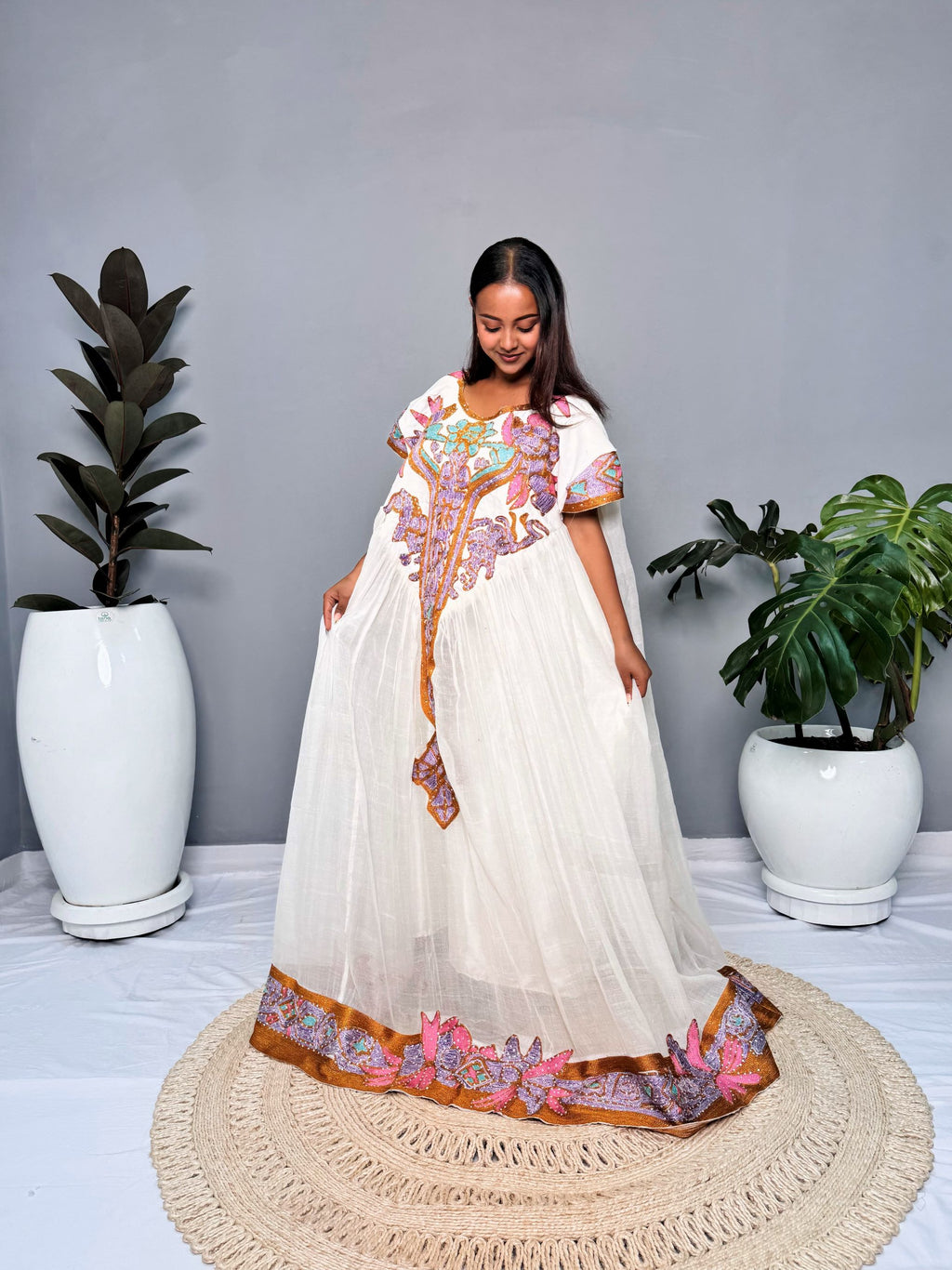 Habesha Dress | Unique Embroidered Design |  Special Events Habesha Dress | Pink Fabric | Ethiopian Dress Hab121