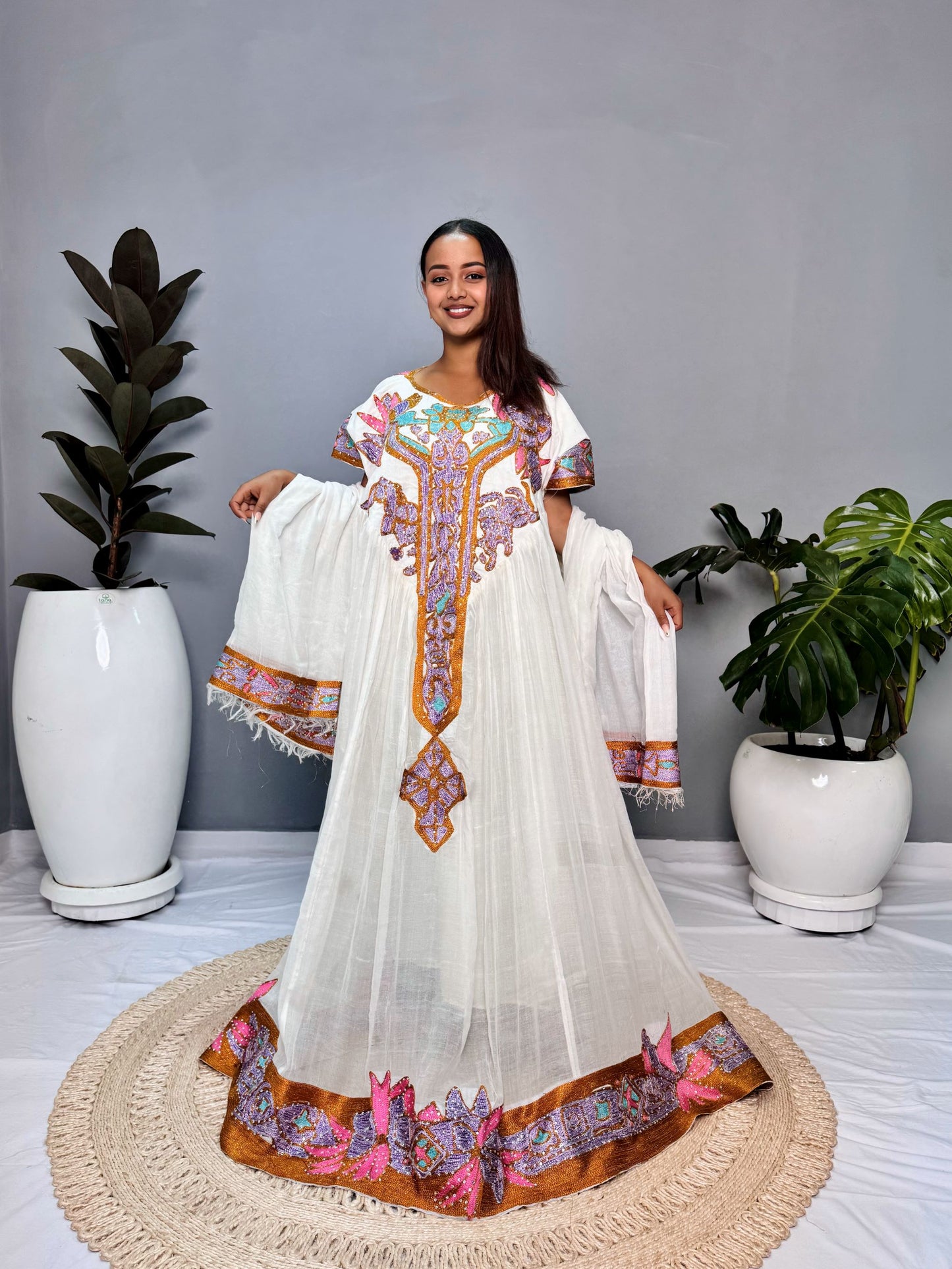 Habesha Dress | Unique Embroidered Design |  Special Events Habesha Dress | Pink Fabric | Ethiopian Dress Hab121
