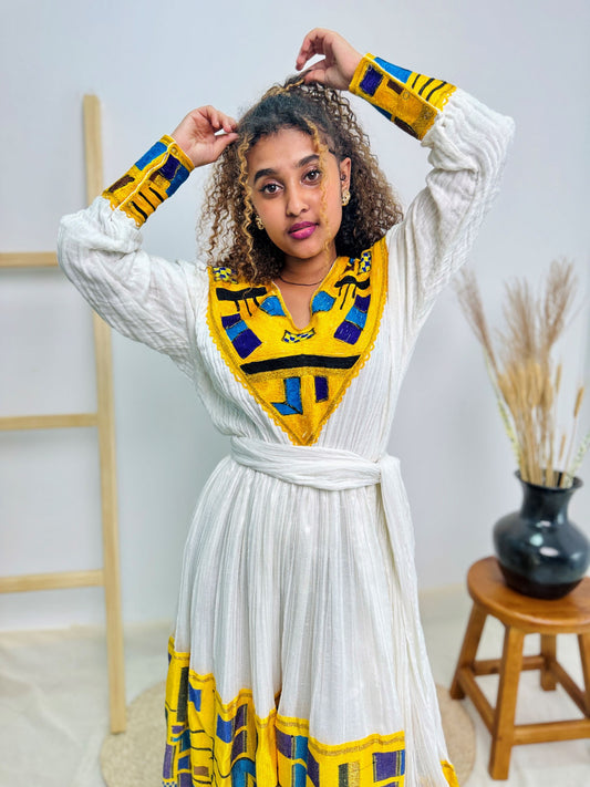 Bold, Bright & Unapologetically Ethiopian | Habesha Kemis Dress | Handwoven Masterpiece with Vibrant Yellow Tibeb Hab157