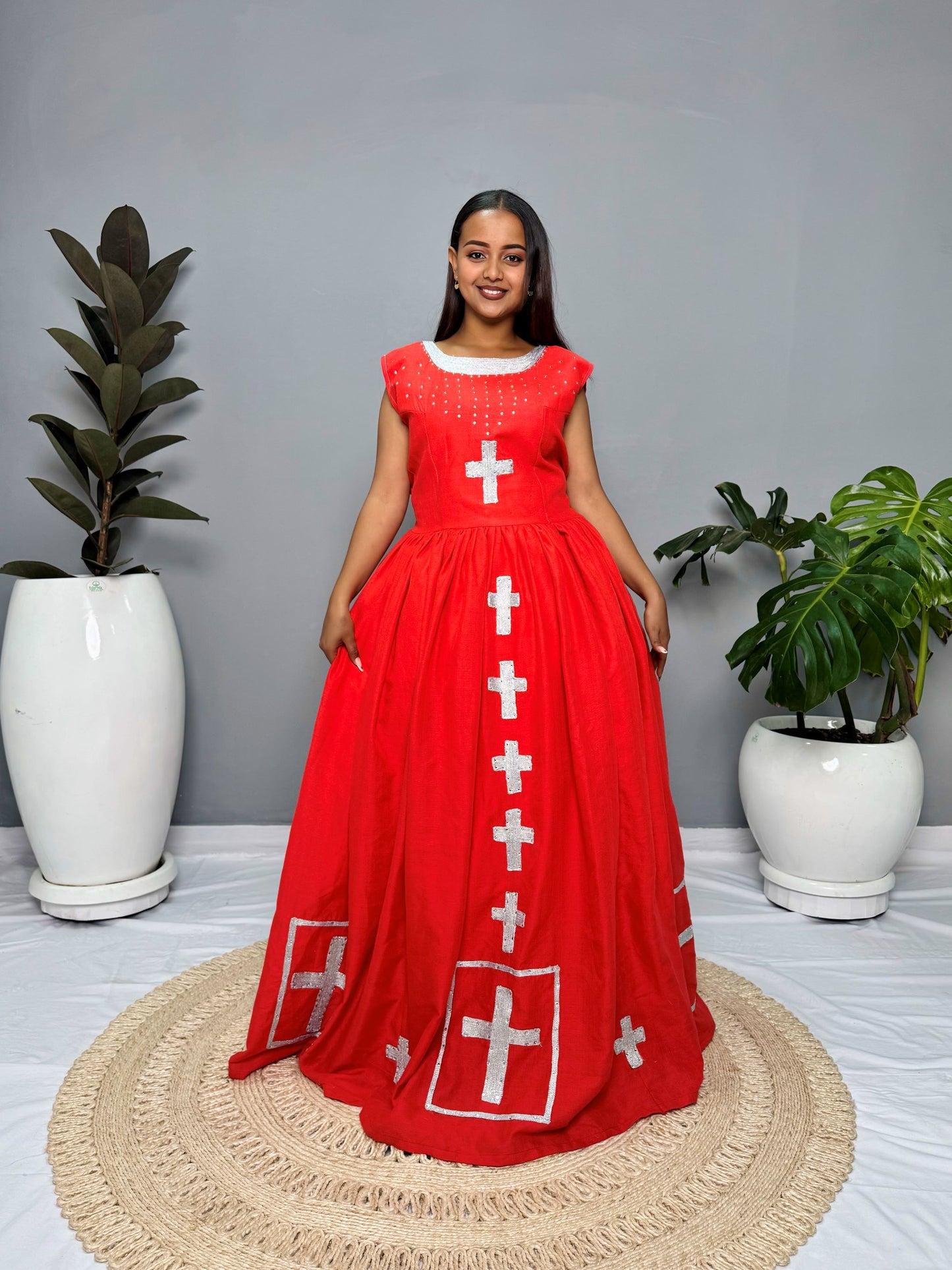 Habesha Dress | Red with Cross Embroidery | Perfect for Weddings & Cultural Celebrations | Handcrafted Ethiopian Fabric Hab117