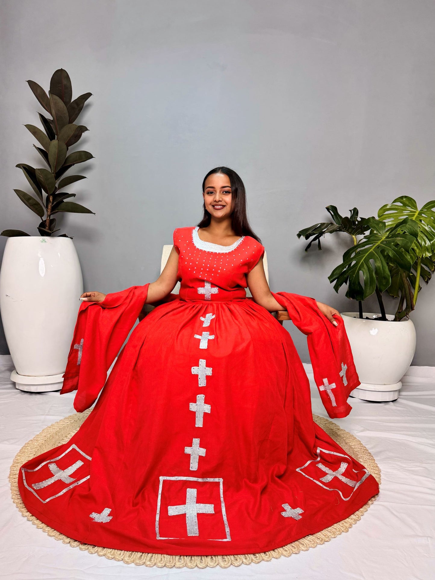Habesha Dress | Red with Cross Embroidery | Perfect for Weddings & Cultural Celebrations | Handcrafted Ethiopian Fabric Hab117