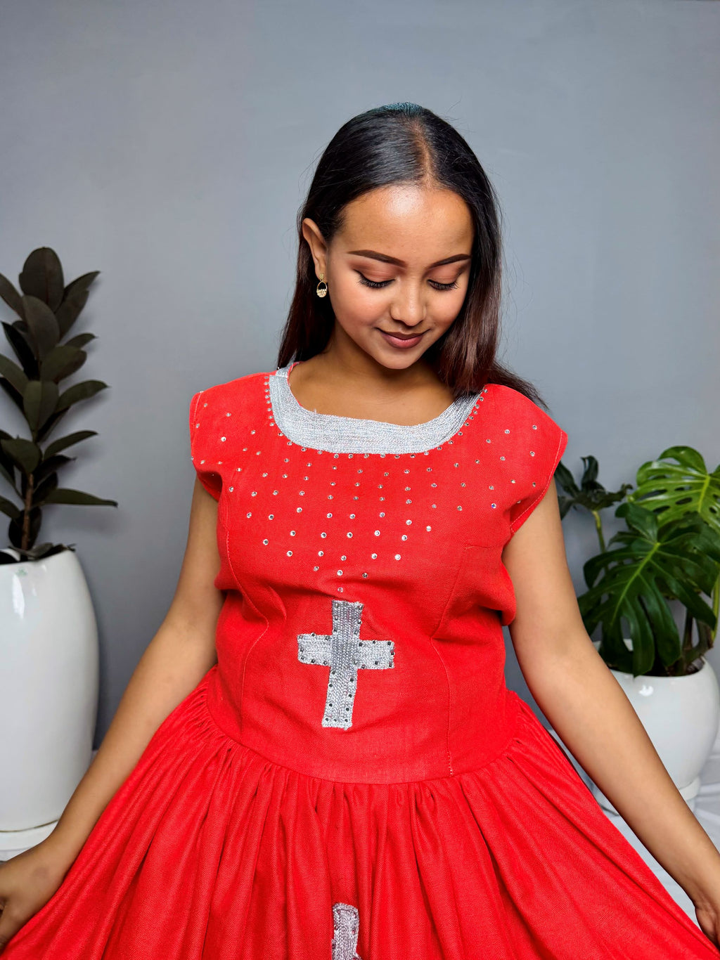 Habesha Dress | Red with Cross Embroidery | Perfect for Weddings & Cultural Celebrations | Handcrafted Ethiopian Fabric Hab117