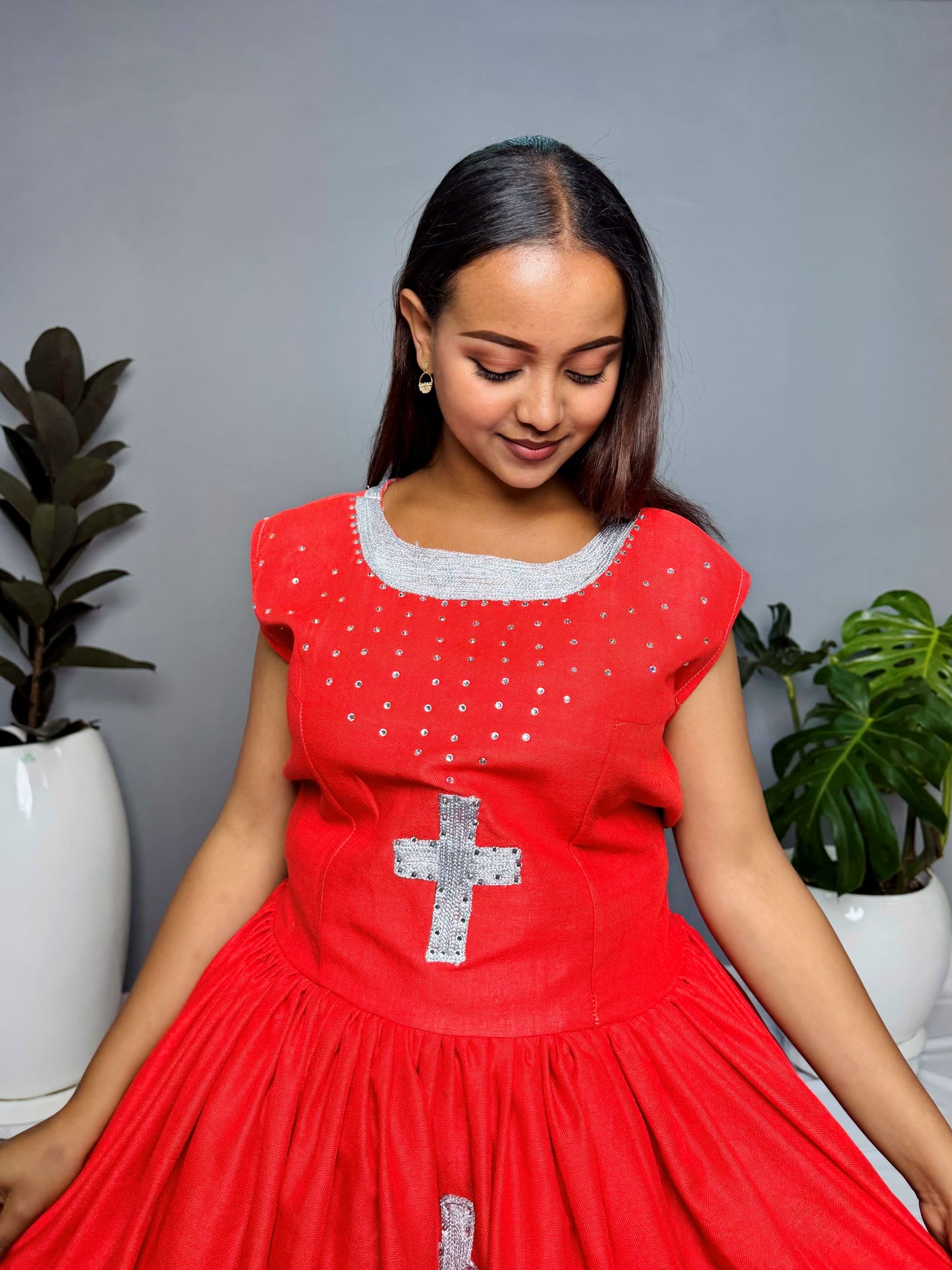 Habesha Dress | Red with Cross Embroidery | Perfect for Weddings & Cultural Celebrations | Handcrafted Ethiopian Fabric Hab117