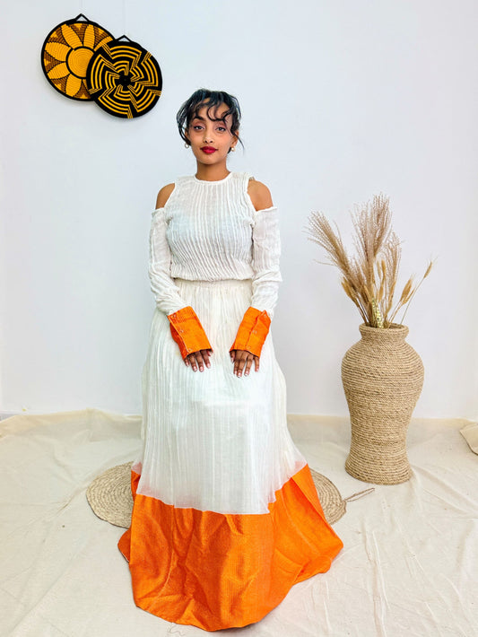 Ethiopian Handwoven Dress | White & Orange Modern Habesha Kemis | Cold-Shoulder Elegance Hab149