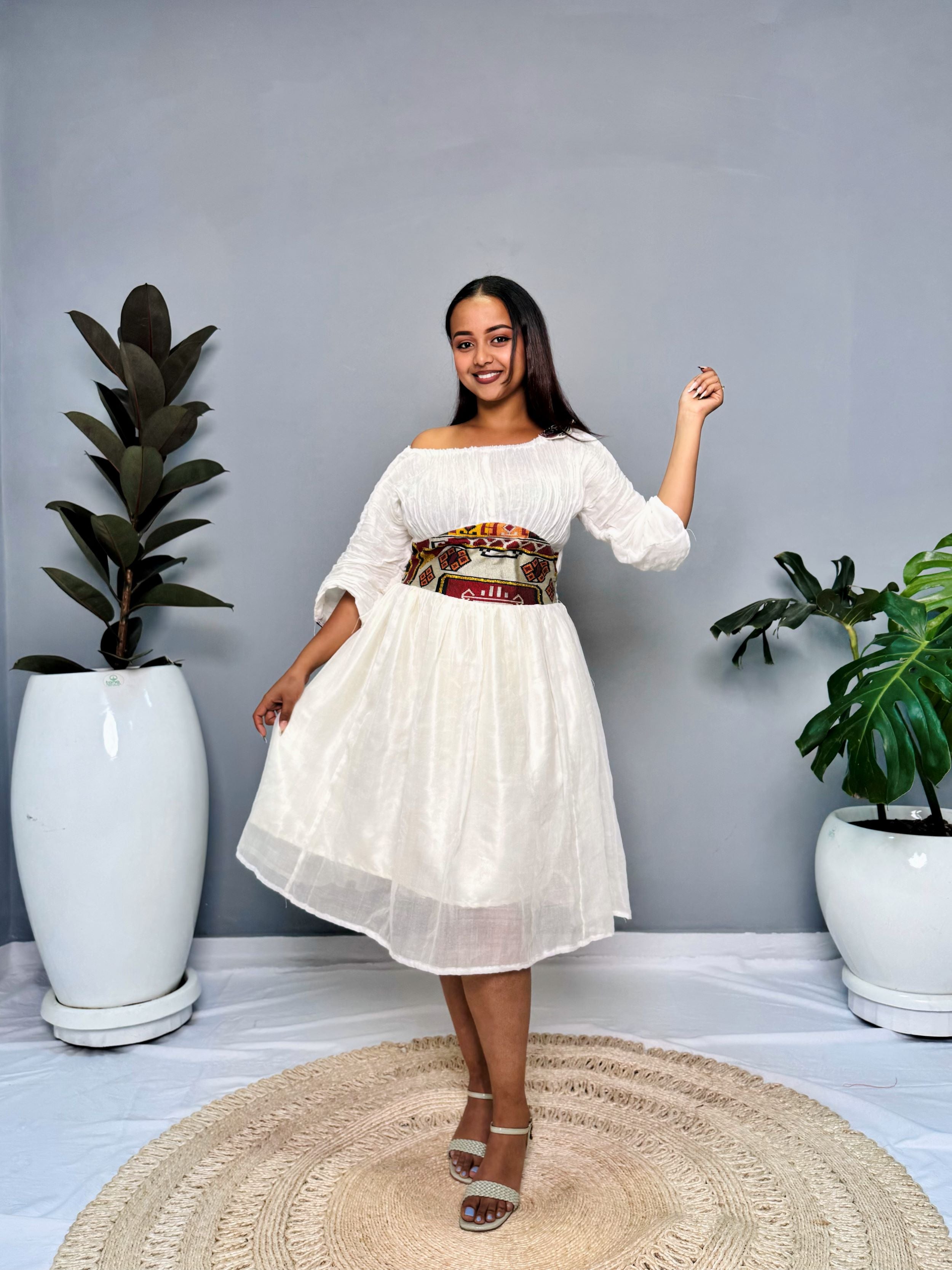 Modern Off-Shoulder Habesha Kemis | Minimalist Ethiopian Dress Hab136