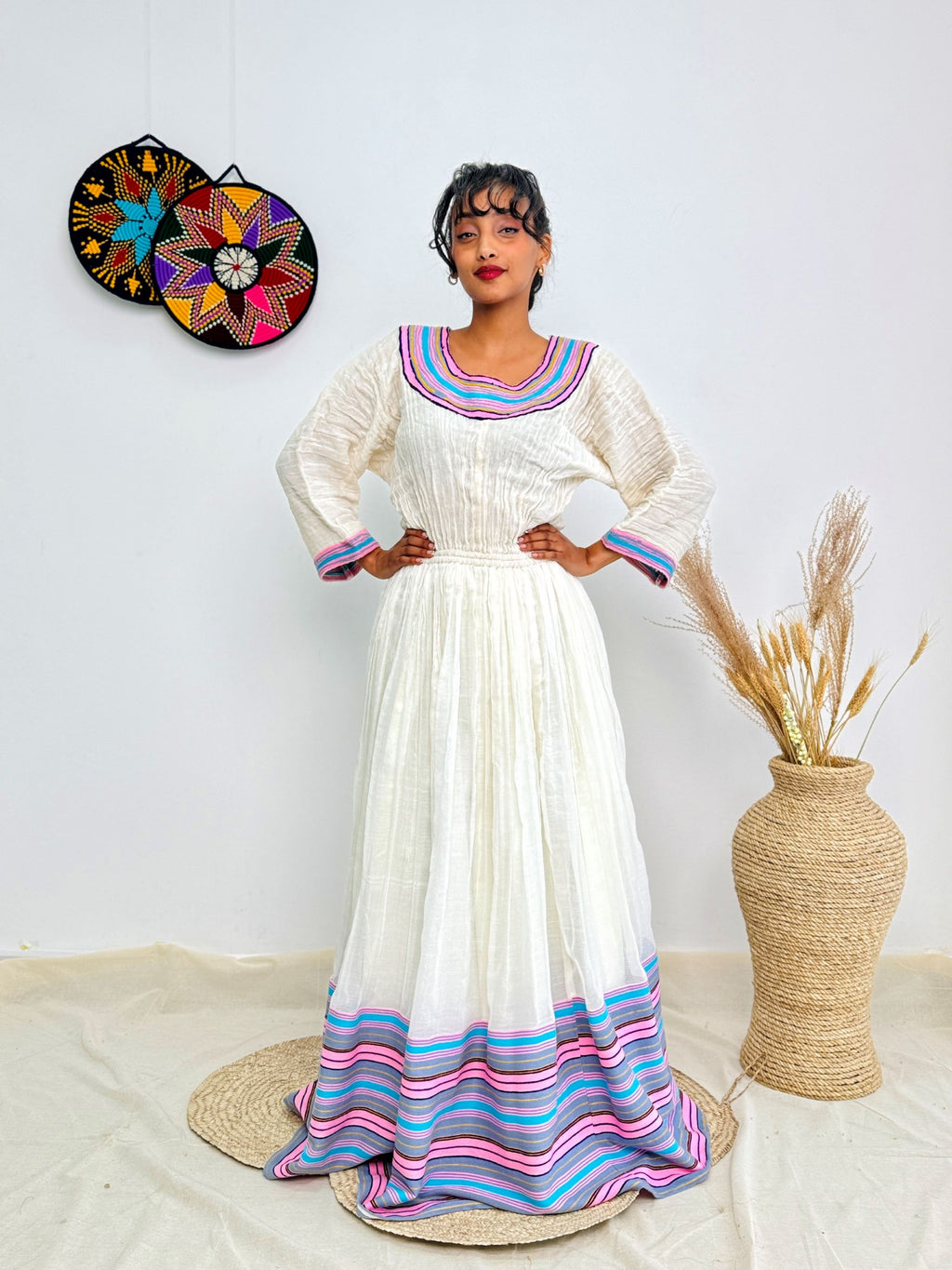 Vibrant Striped Tibeb | Elegant Ethiopian Handwoven Dress | Modern Habesha Kemis | Timeless & Chic Hab142