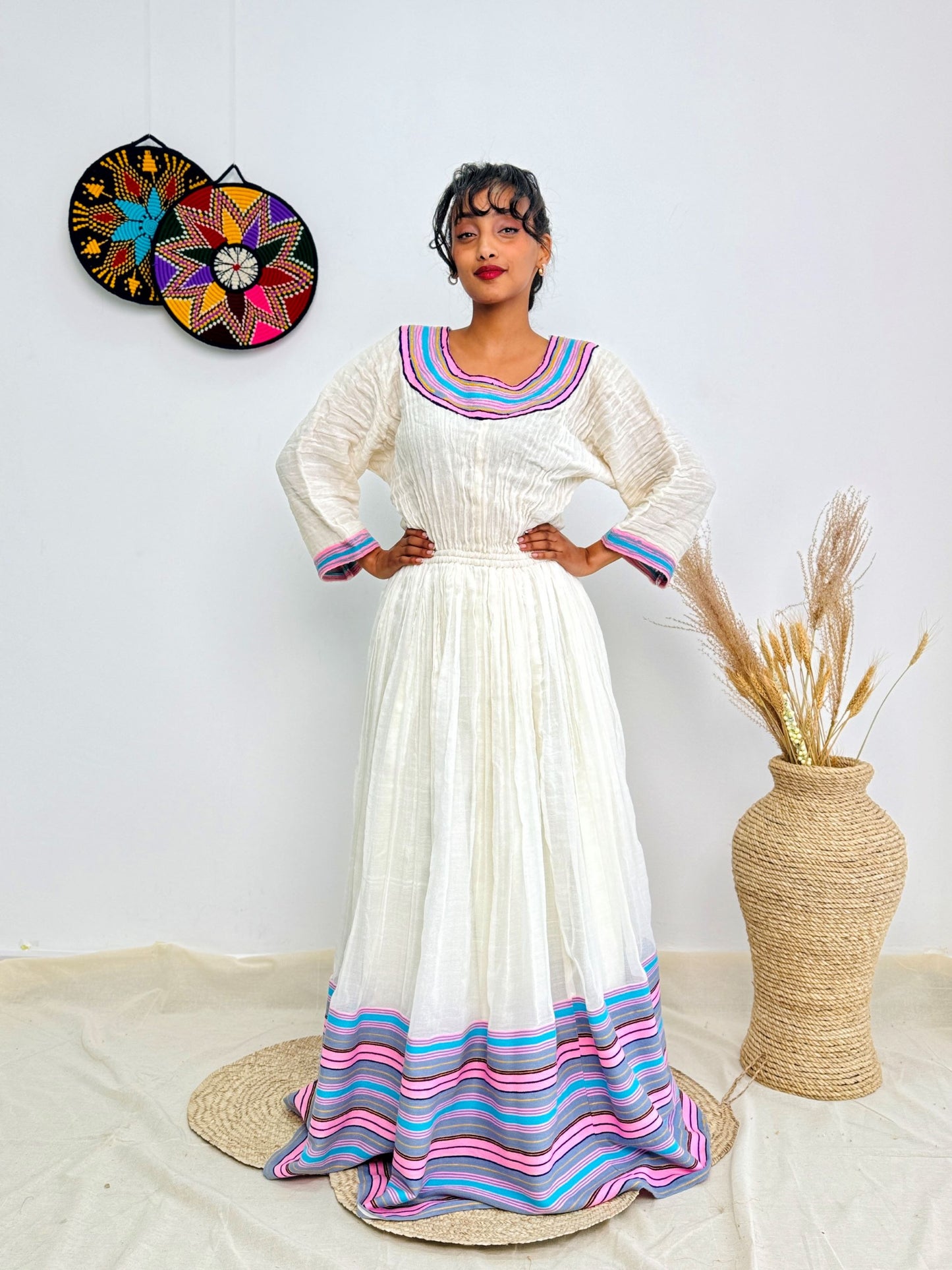 Vibrant Striped Tibeb | Elegant Ethiopian Handwoven Dress | Modern Habesha Kemis | Timeless & Chic Hab142