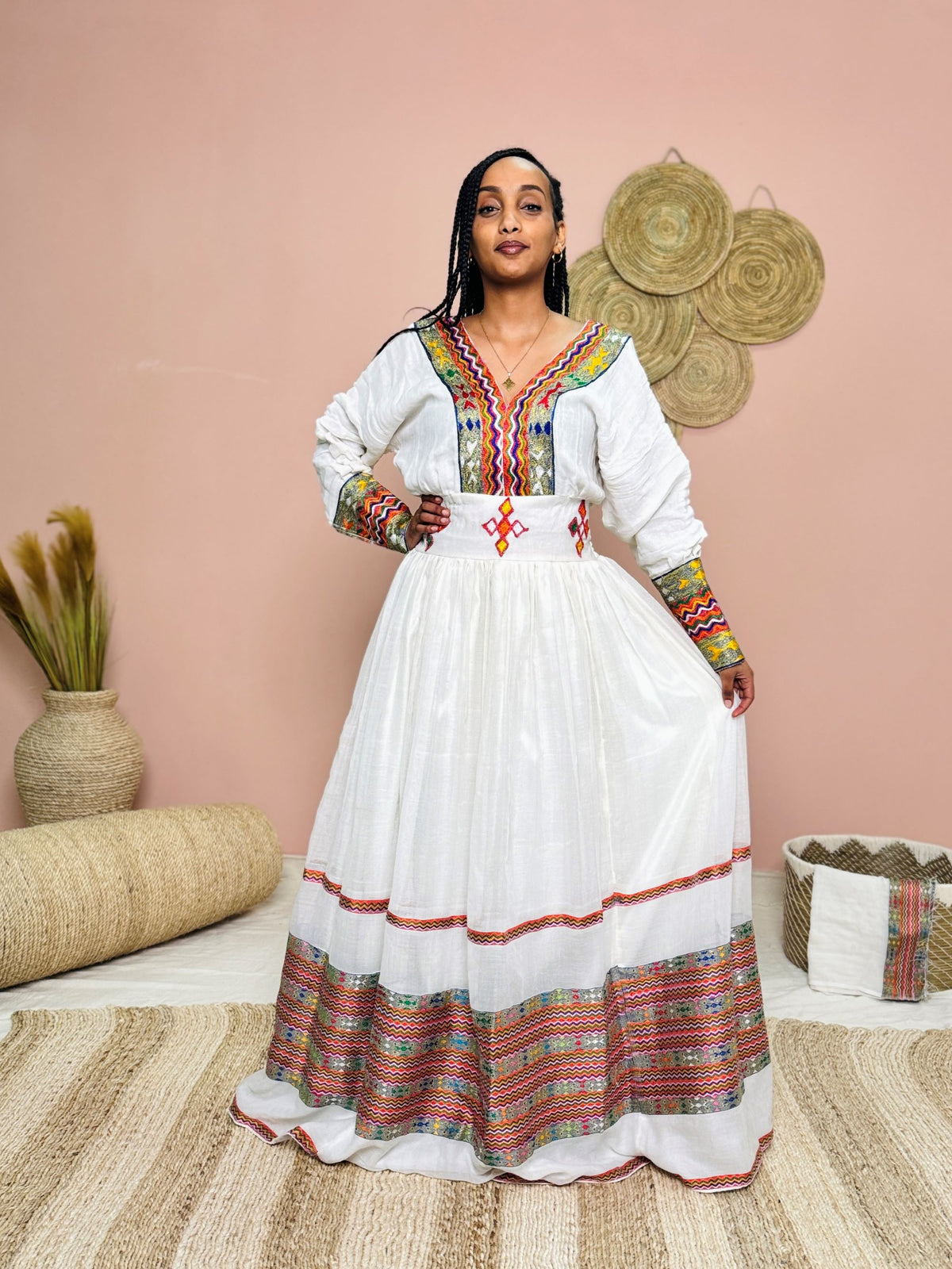 Multicolor Embroidered Habesha Kemis | Ethiopian Traditional Dress | Handcrafted Cultural Elegance Hab139
