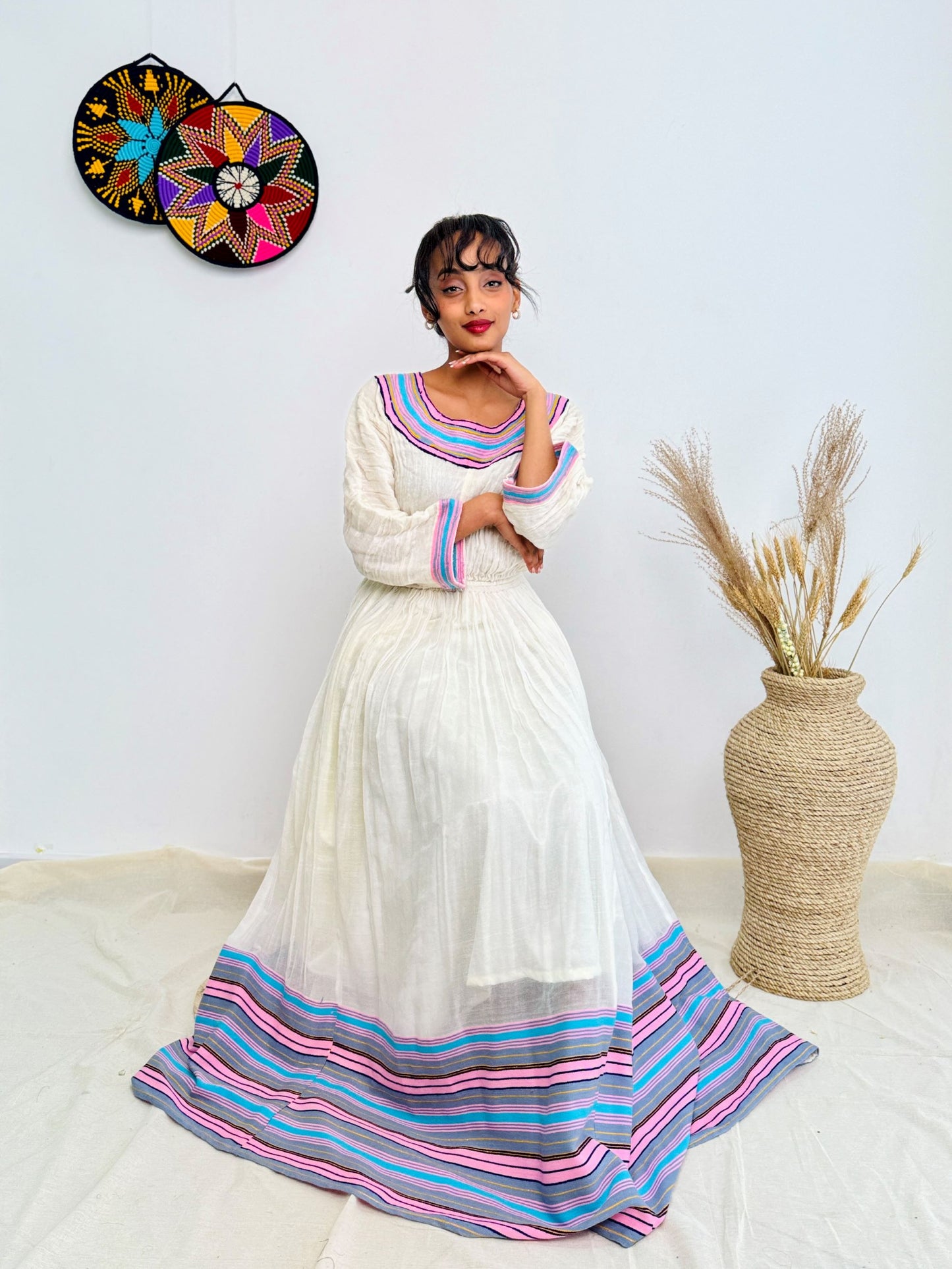 Vibrant Striped Tibeb | Elegant Ethiopian Handwoven Dress | Modern Habesha Kemis | Timeless & Chic Hab142